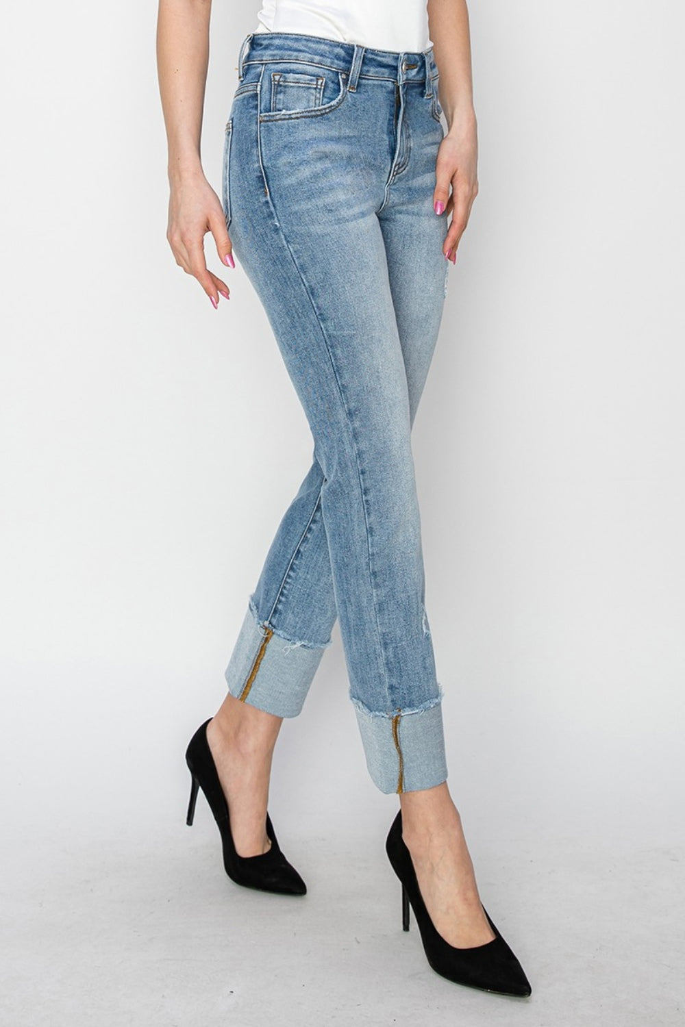 RISEN Full Size High Rise Cuffed Slim Straight Jeans-[Adult]-[Female]-2022 Online Blue Zone Planet