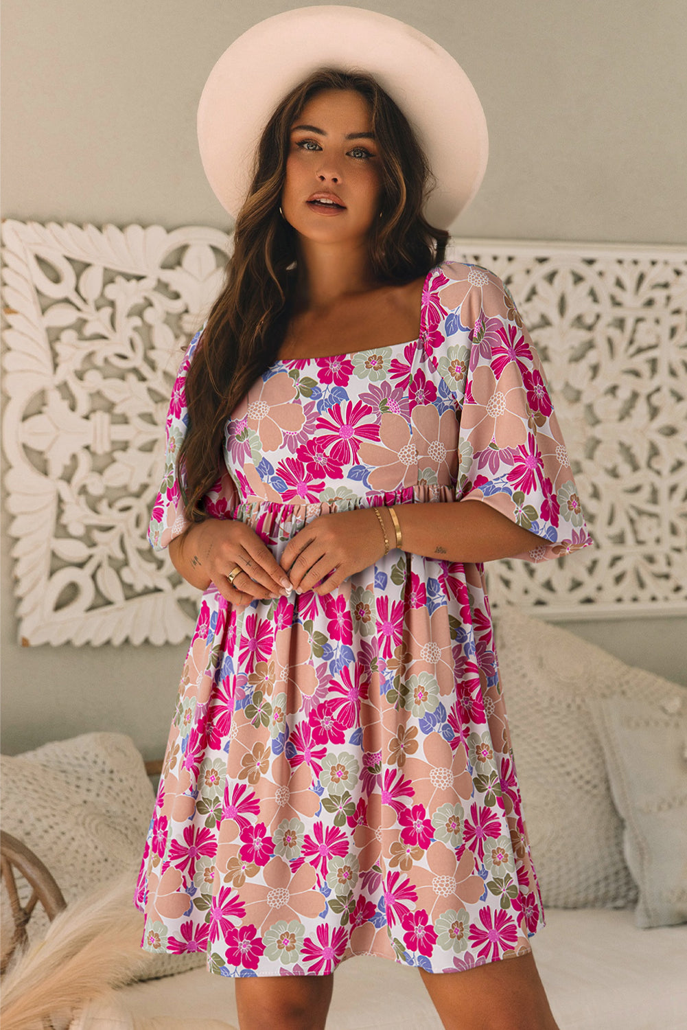 Blue Zone Planet | Rose Summer Floral Square Neck Puff Sleeve Babydoll Dress-TOPS / DRESSES-[Adult]-[Female]-2022 Online Blue Zone Planet