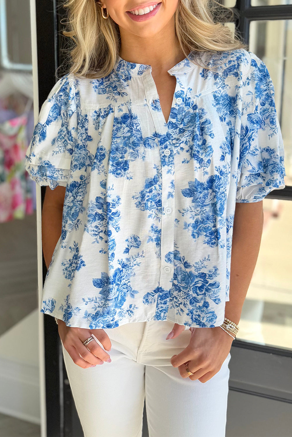 Sky Blue Floral Tiered Puff Short Sleeve Pleated Bust Buttoned Casual Shirt-Tops/Blouses & Shirts-[Adult]-[Female]-Sky Blue-S-2022 Online Blue Zone Planet