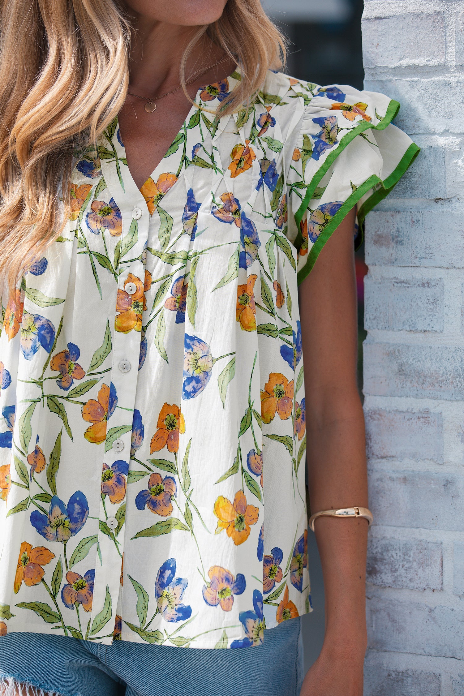 Green Floral Print Ruffle V-Neck Pressed Pleats Binding Tape Cotton Blouse-Tops/Blouses & Shirts-[Adult]-[Female]-2022 Online Blue Zone Planet