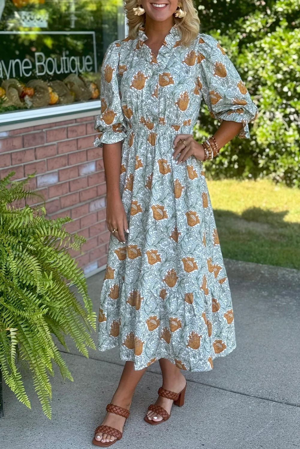 Brown Floral Printed Frilled V Neck Bracelet Sleeve Long Dress-Dresses/Floral Dresses-[Adult]-[Female]-Brown-S-2022 Online Blue Zone Planet