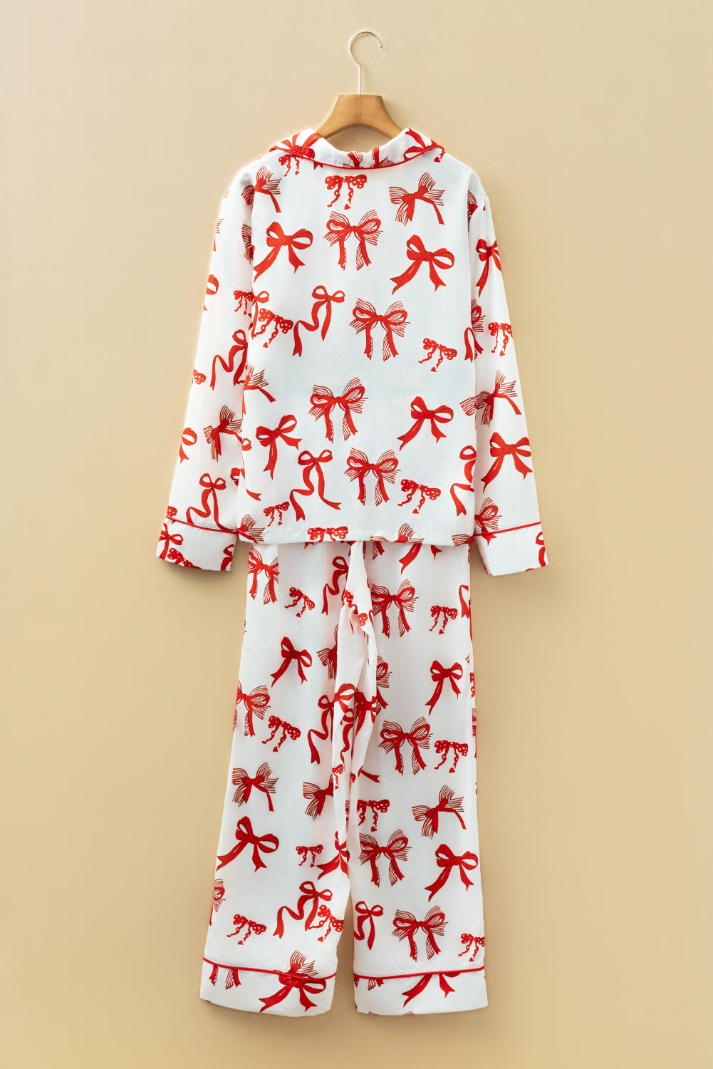 Red Christmas Bow Print Long 2pcs Pajama Set-Loungewear & Sleepwear/Sleepwear-[Adult]-[Female]-2022 Online Blue Zone Planet