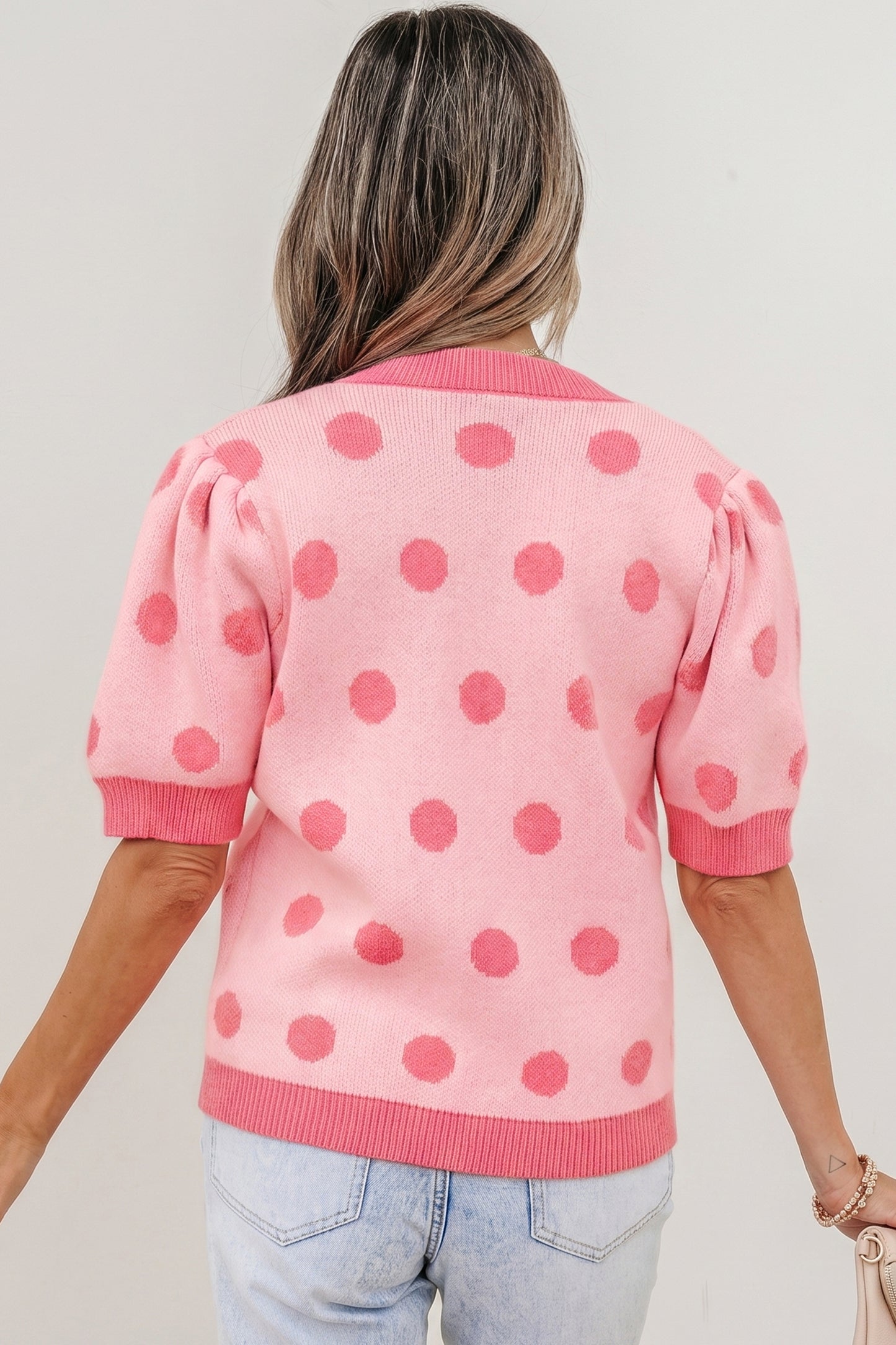 Rose Red Polka Dot Puff Short Sleeve Sweater Top-Sweaters & Cardigans/Short Sleeve Sweaters-[Adult]-[Female]-2022 Online Blue Zone Planet