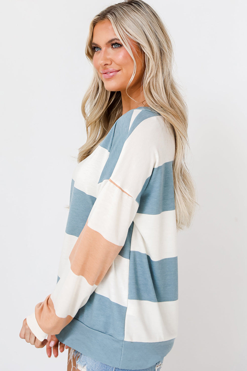 Rose Red Colorblock Striped Drop Shoulder Long Sleeve Top-Tops/Long Sleeve Tops-[Adult]-[Female]-2022 Online Blue Zone Planet