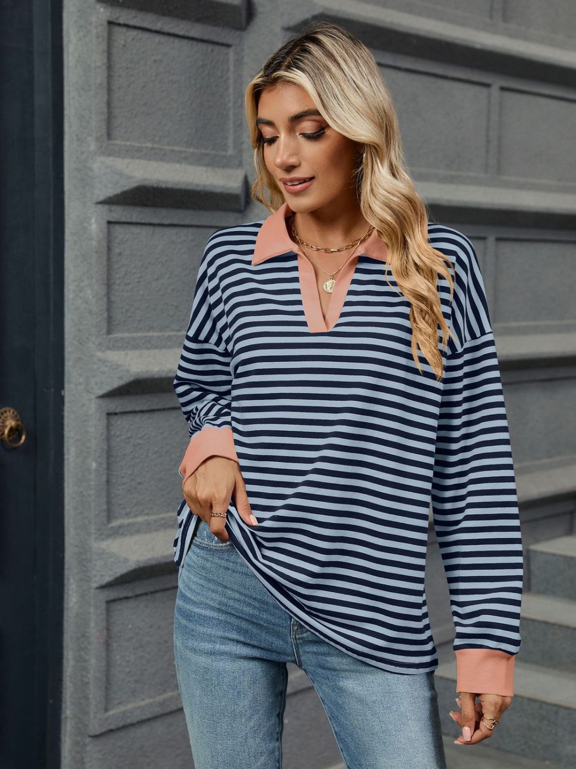 Striped Johnny Collar Long Sleeve Sweatshirt-TOPS / DRESSES-[Adult]-[Female]-2022 Online Blue Zone Planet