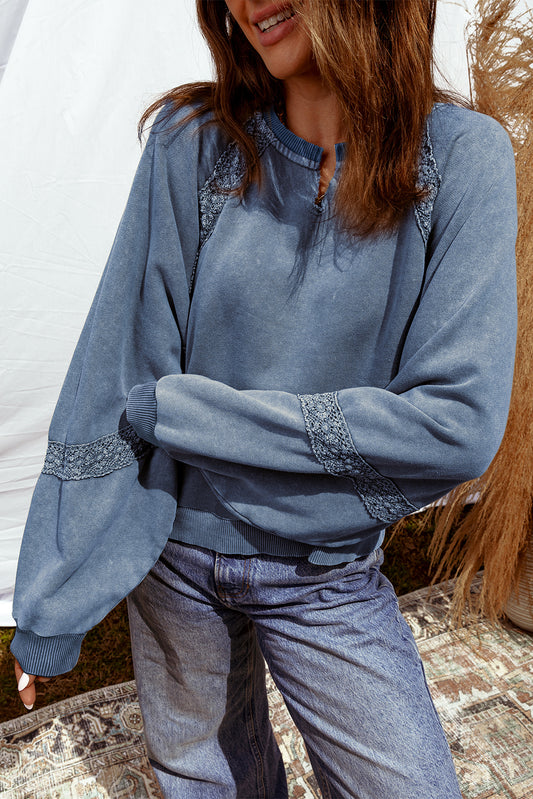 Sail Blue Lace Patchwork Detail Notched Neck Mineral Wash Baggy Sweatshirt-Tops/Sweatshirts & Hoodies-[Adult]-[Female]-Sail Blue-S-2022 Online Blue Zone Planet