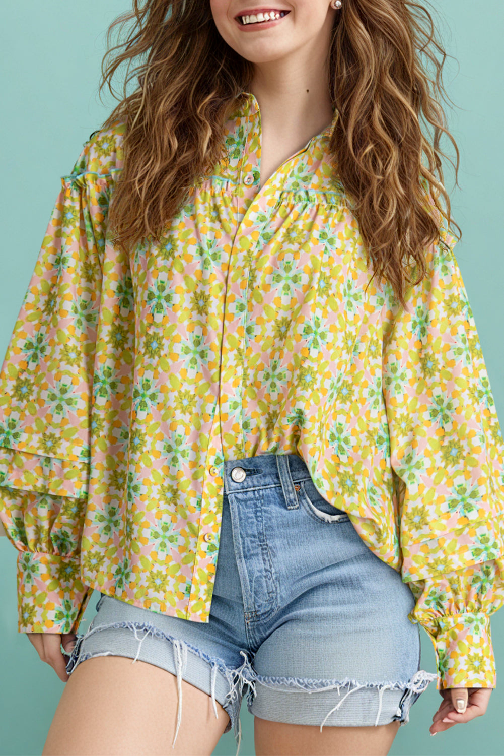 Blue Zone Planet |  Green Boho Floral Print Frilly Detail Puff Sleeve Shirt