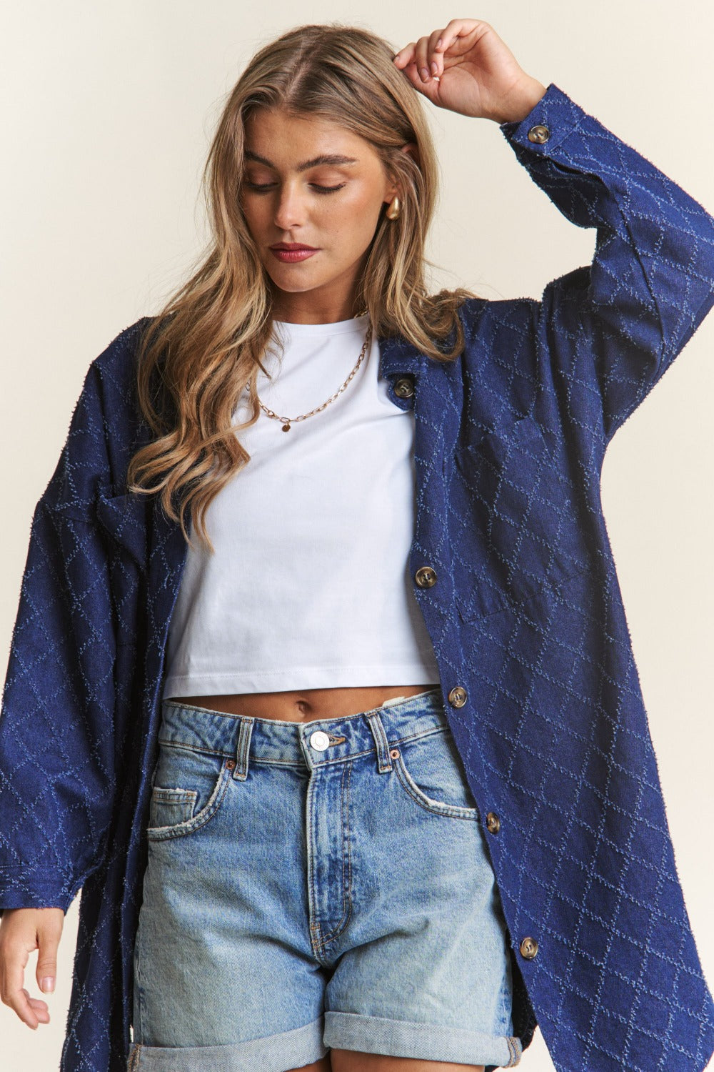 J.NNA Rhombus Stitched Button Up Denim Shacket-TOPS / DRESSES-[Adult]-[Female]-2022 Online Blue Zone Planet