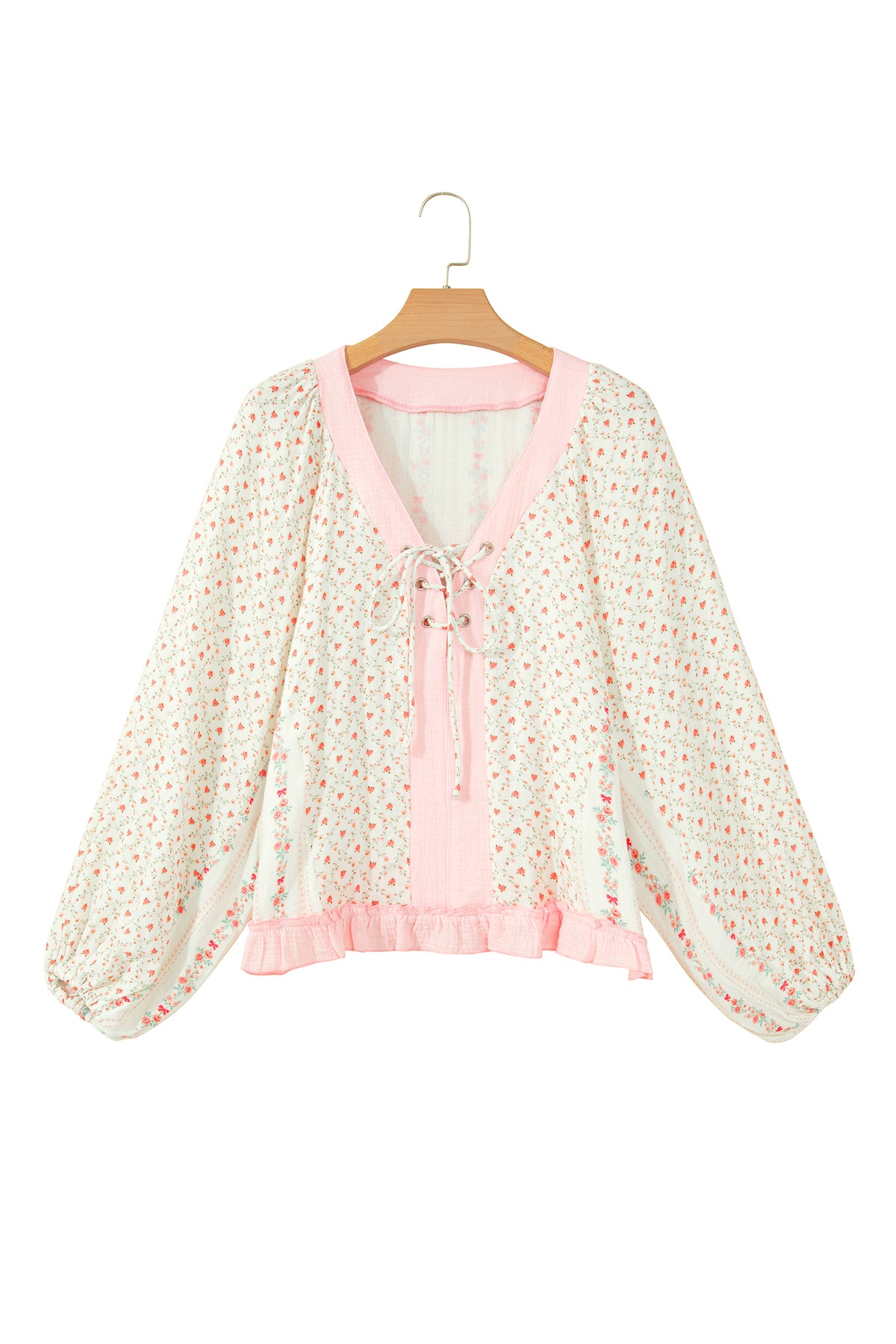 Beige Floral Print Color Block Trim Lace-up V Neck Long Sleeve Blouse-Tops/Blouses & Shirts-[Adult]-[Female]-2022 Online Blue Zone Planet