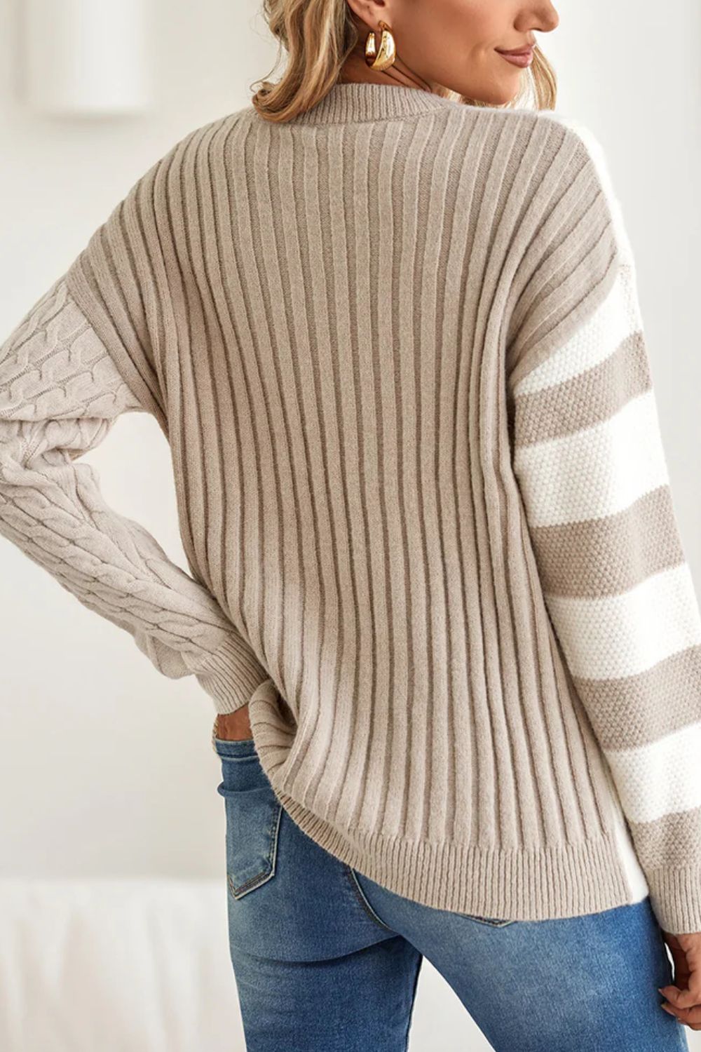 Cable-Knit Color Block Round Neck Sweater-TOPS / DRESSES-[Adult]-[Female]-2022 Online Blue Zone Planet