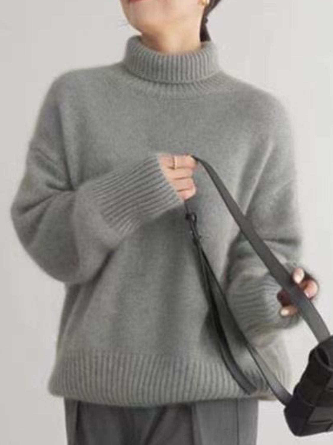 Turtleneck Dropped Shoulder Long Sleeve Sweater-[Adult]-[Female]-2022 Online Blue Zone Planet