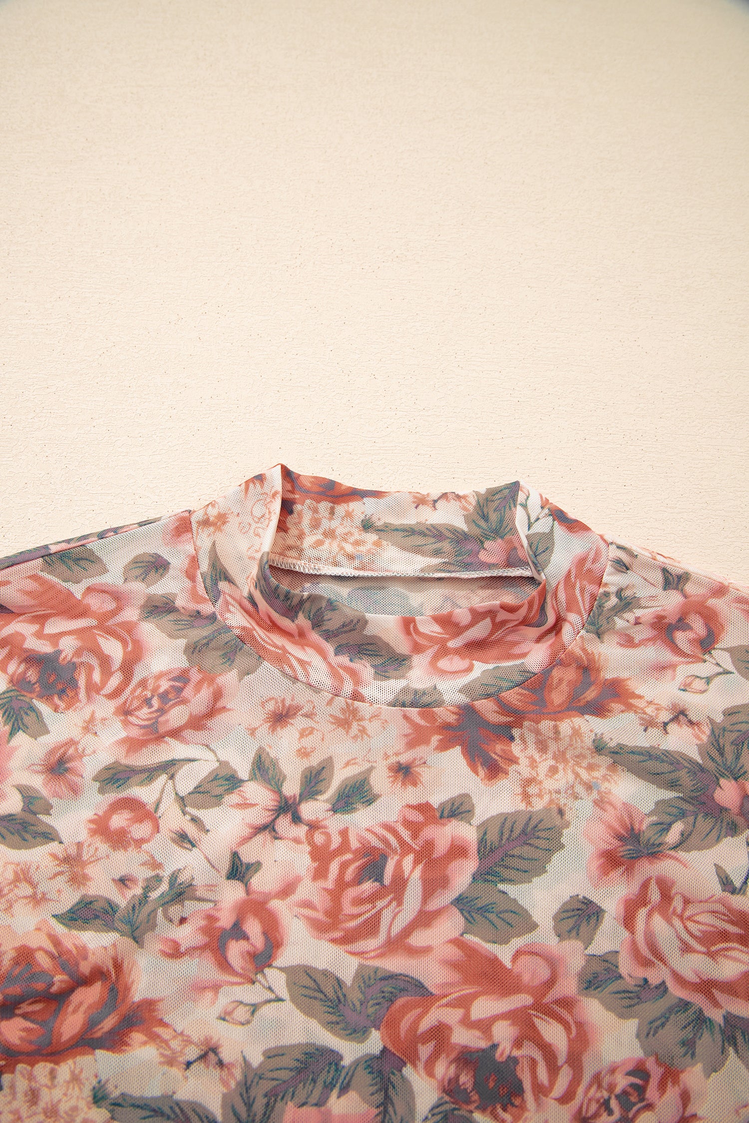 White Retro Floral Print Mock Neck Mesh Long Sleeve Top-Tops/Long Sleeve Tops-[Adult]-[Female]-2022 Online Blue Zone Planet