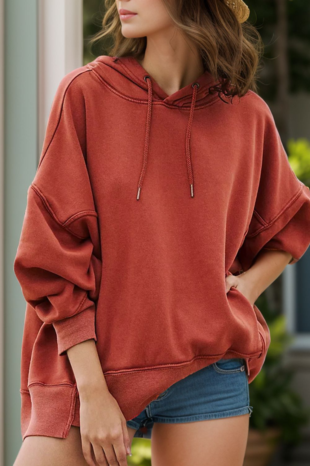 Drawstring Dropped Shoulder Long Sleeve Hoodie-TOPS / DRESSES-[Adult]-[Female]-Rust-S-2022 Online Blue Zone Planet