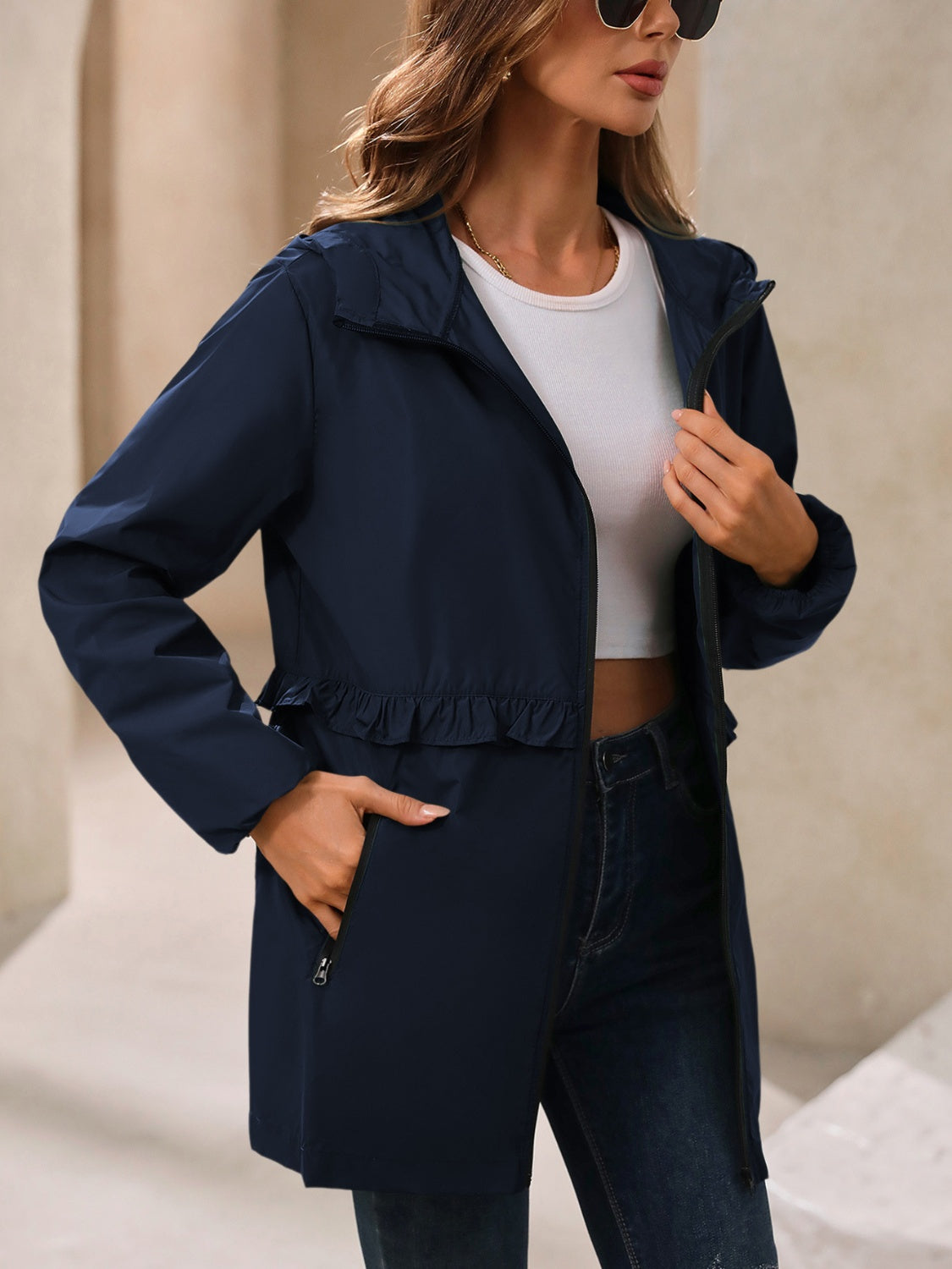 Zip Up Long Sleeve Hooded Jacket-TOPS / DRESSES-[Adult]-[Female]-Navy-S-2022 Online Blue Zone Planet