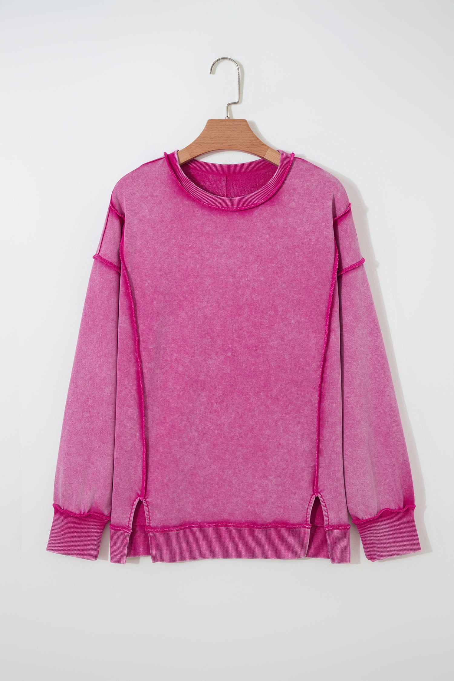 Rose Red Mineral Wash Exposed Seam Side Slit Sweatshirt-Tops/Sweatshirts & Hoodies-[Adult]-[Female]-2022 Online Blue Zone Planet