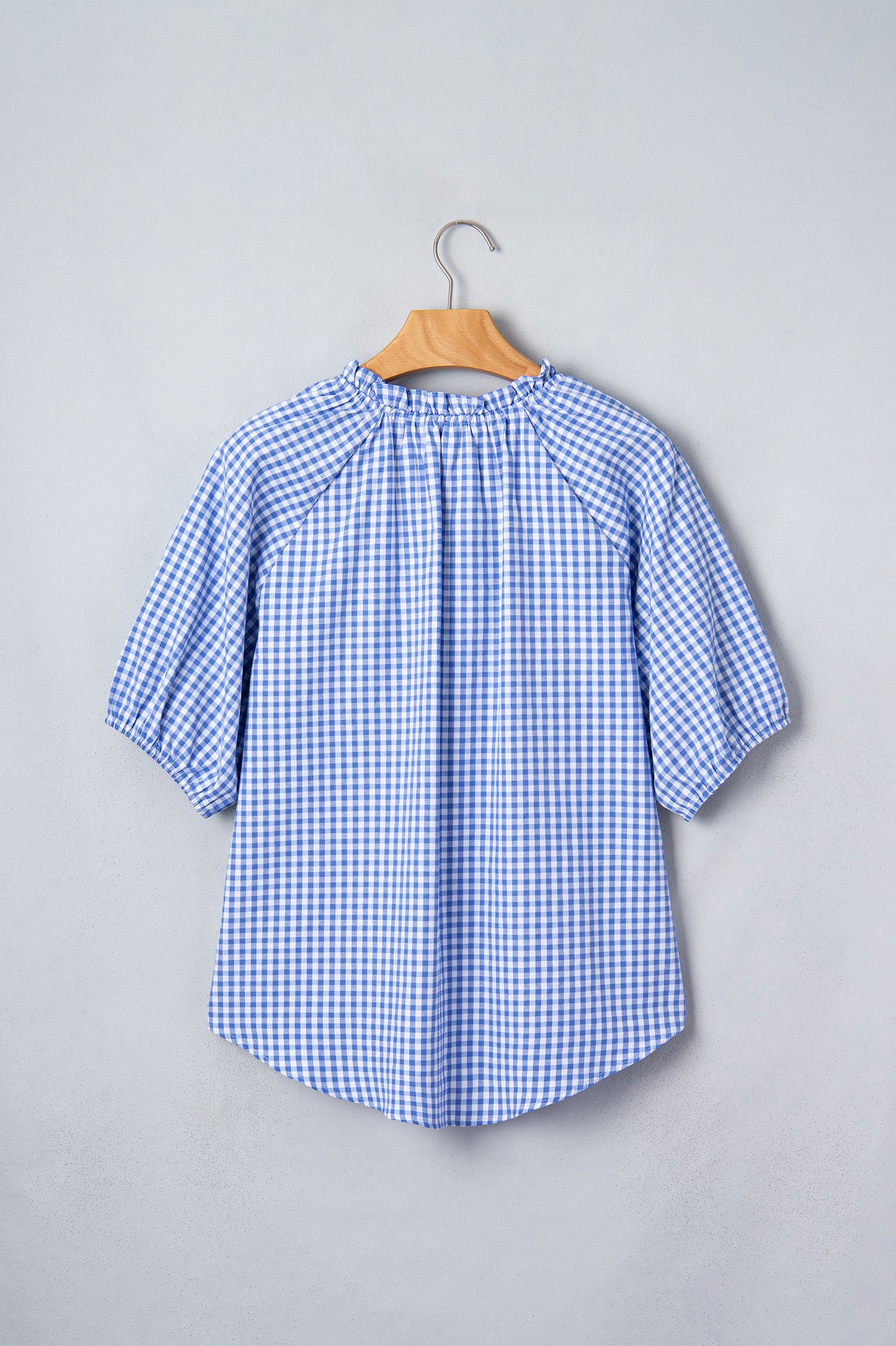 Sky Blue Summer Plaid V Neck Puff Sleeve Blouse-Tops/Blouses & Shirts-[Adult]-[Female]-2022 Online Blue Zone Planet