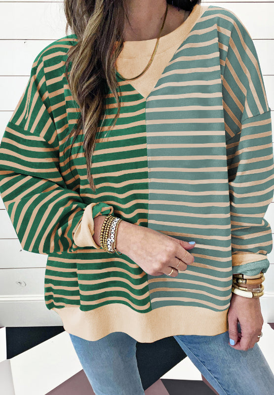 Contrast Striped Round Neck Long Sleeve Sweatshirt-TOPS / DRESSES-[Adult]-[Female]-Green-S-2022 Online Blue Zone Planet