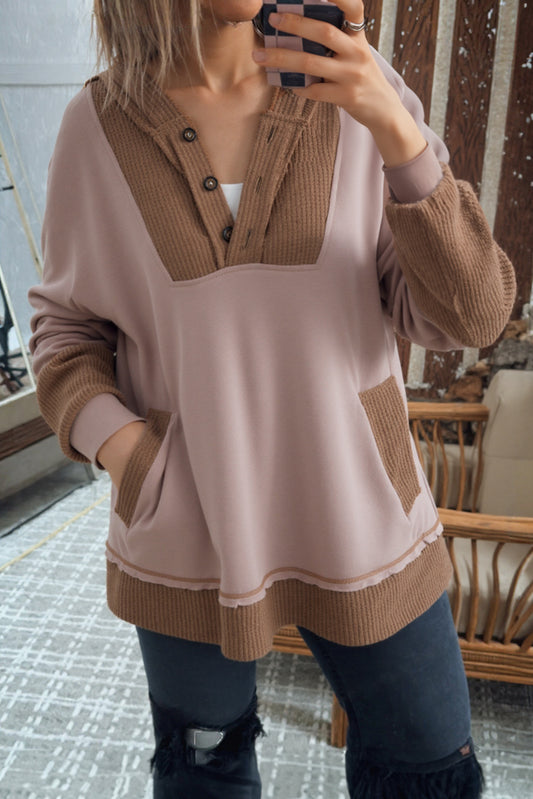 Goat Oversize Waffle Patchwork Exposed Seam Casual Hoodie-Tops / Dresses-[Adult]-[Female]-Goat-S-2022 Online Blue Zone Planet