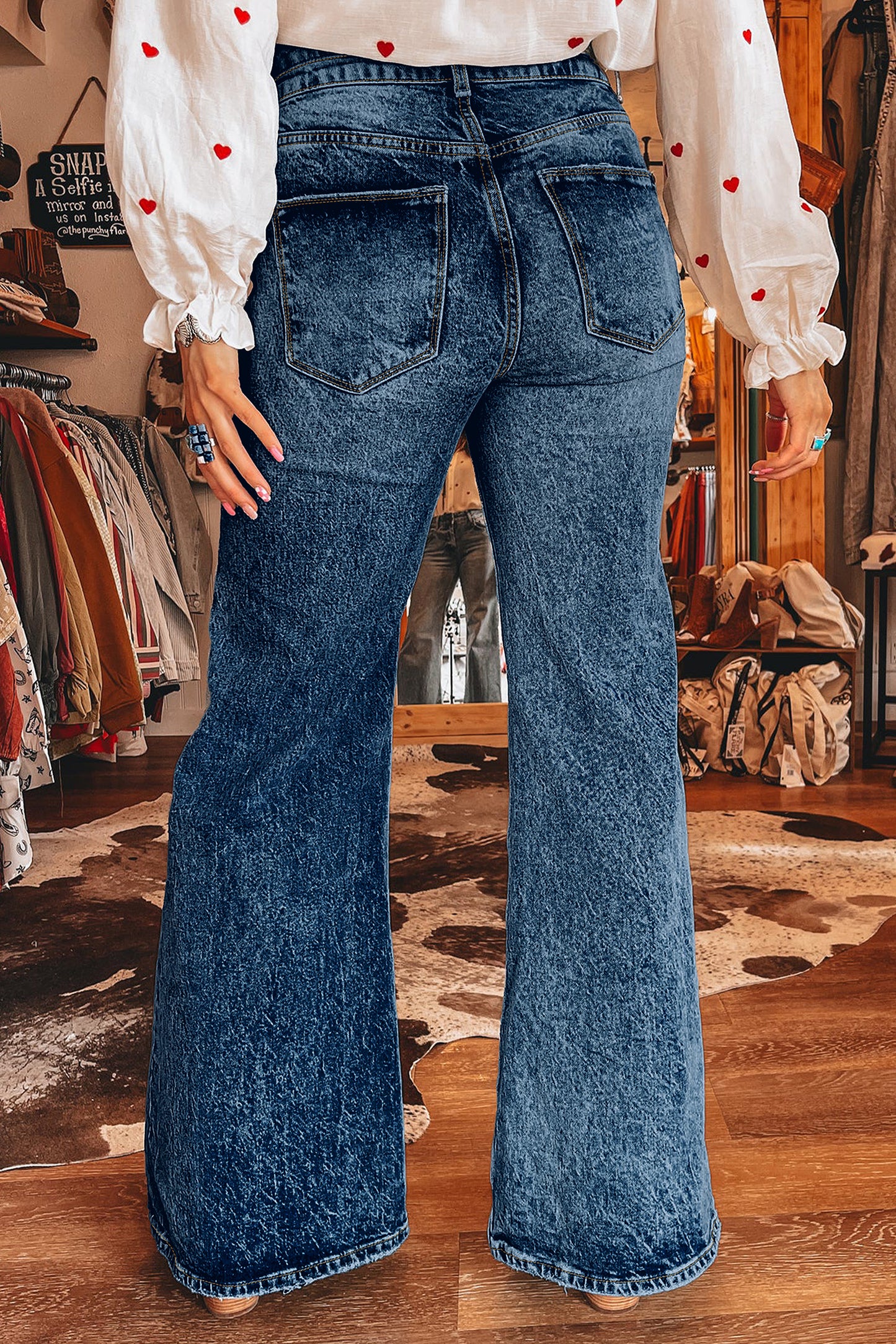 Sail Blue Acid Wash Pocket Detail Flare Jeans-Bottoms/Jeans-[Adult]-[Female]-2022 Online Blue Zone Planet