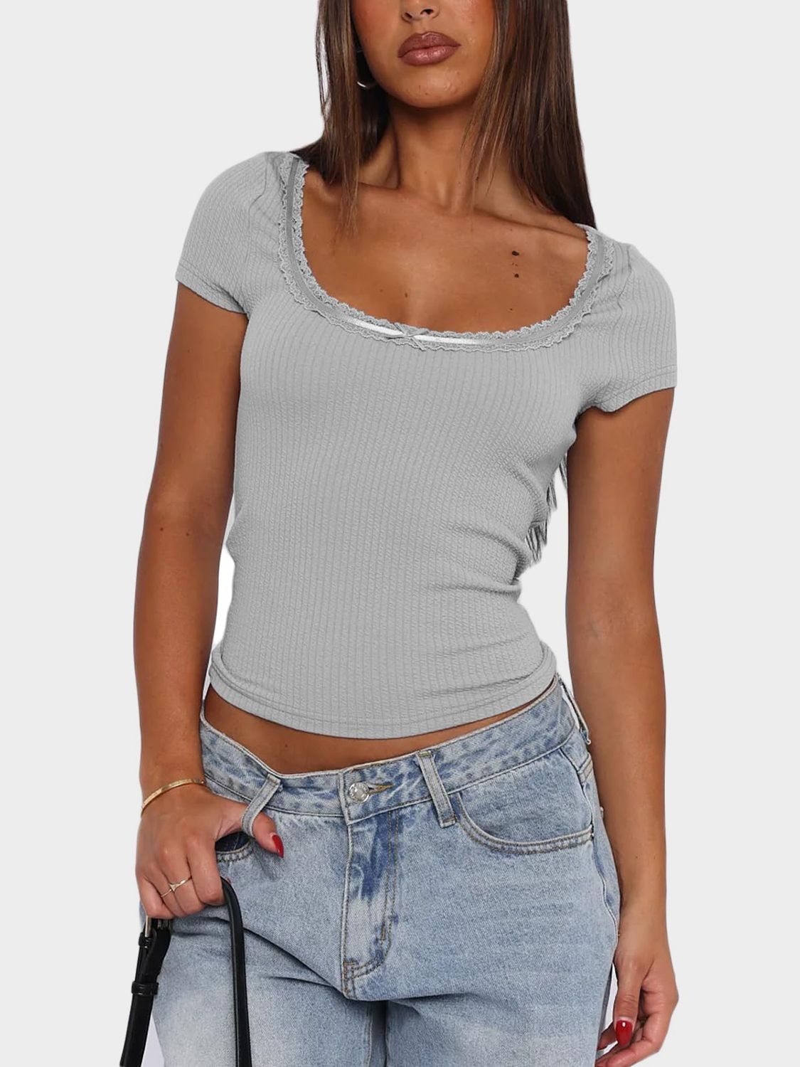 Lace Detail Scoop Neck Short Sleeve T-Shirt-TOPS / DRESSES-[Adult]-[Female]-Gray-S-2022 Online Blue Zone Planet