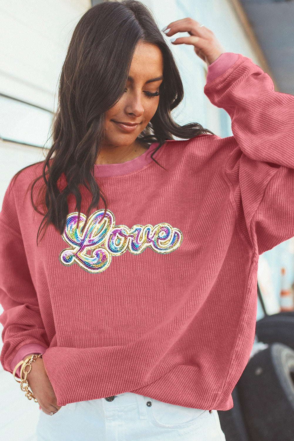 Strawberry Pink Sequin Love Graphic Corded Valentines Sweatshirt-Graphic Sweatshirts-[Adult]-[Female]-2022 Online Blue Zone Planet