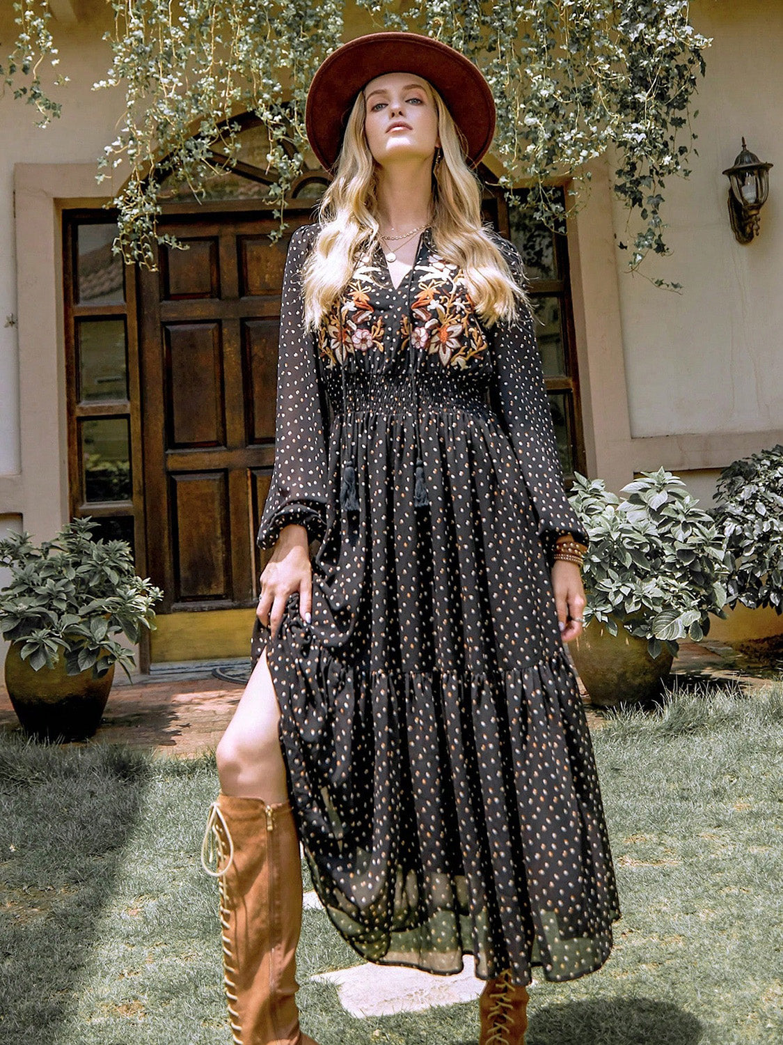 Blue Zone Planet | Embroidered Polka Dot Tie Neck Long Sleeve Midi Dress