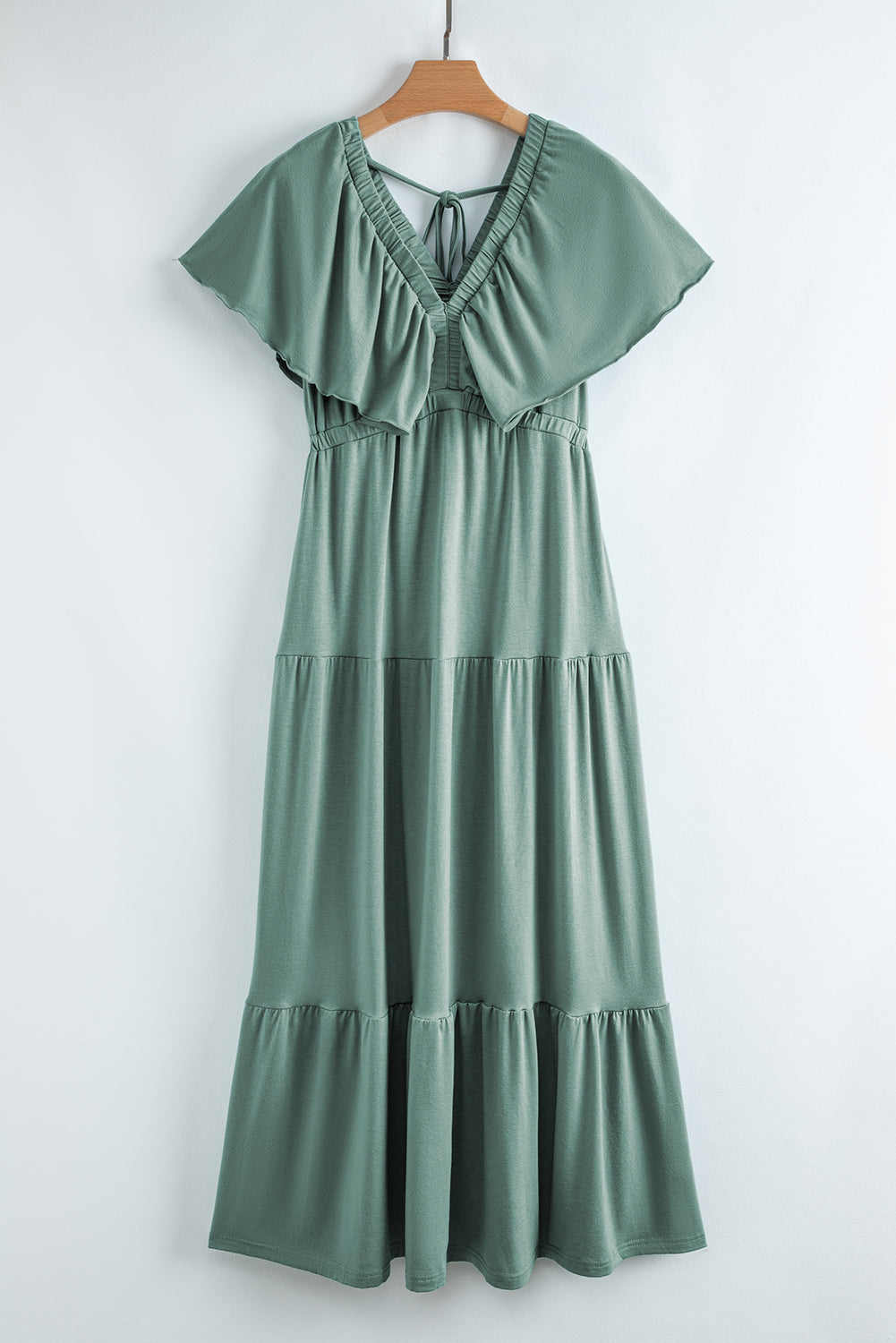 Green Textured V Neck Flutter Sleeve Ruffled Maxi Dress-TOPS / DRESSES-[Adult]-[Female]-2022 Online Blue Zone Planet
