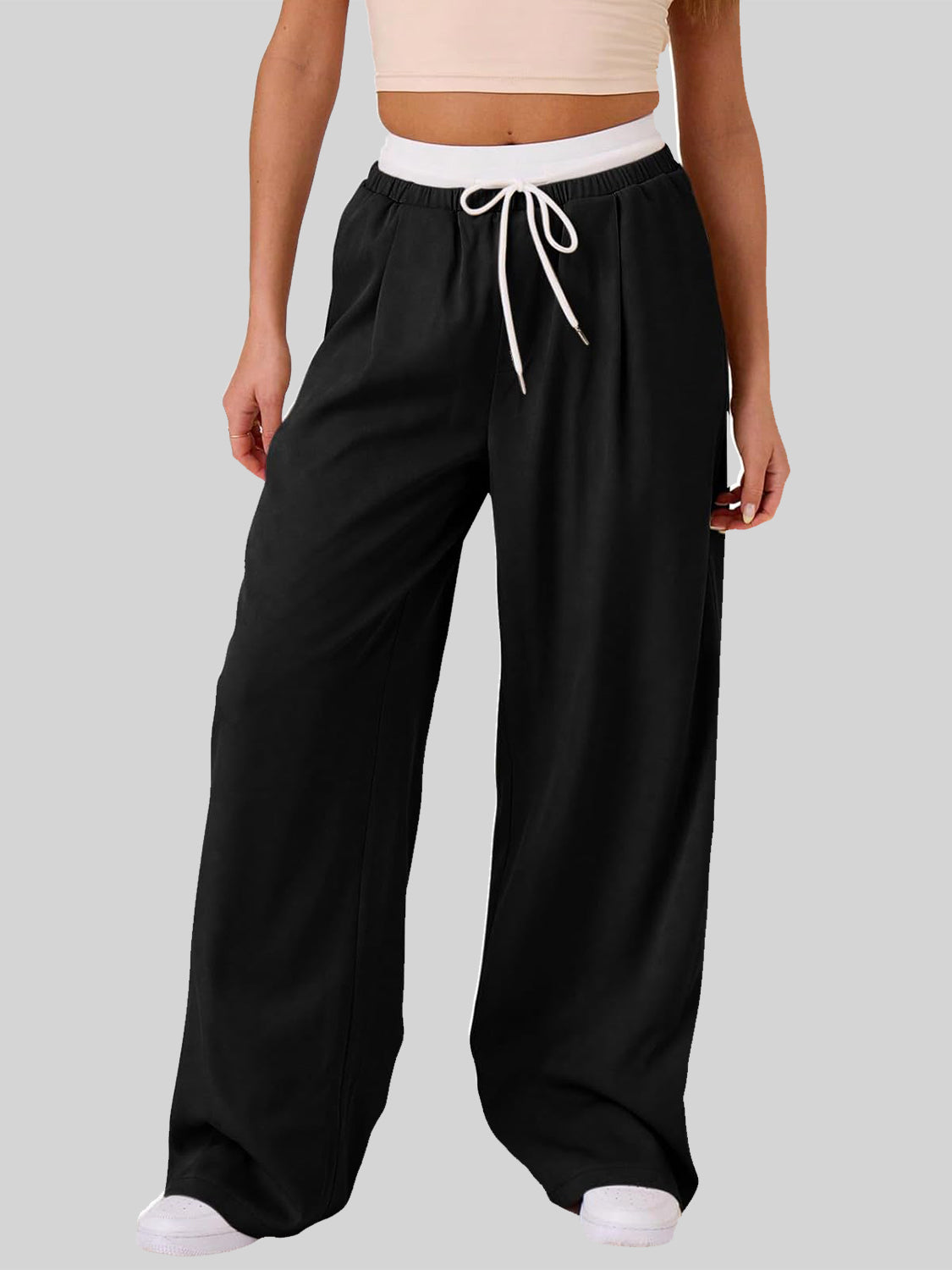 Contrast Waistband Drawstring Wide Leg Pants-BOTTOMS SIZES SMALL MEDIUM LARGE-[Adult]-[Female]-Black-S-2022 Online Blue Zone Planet