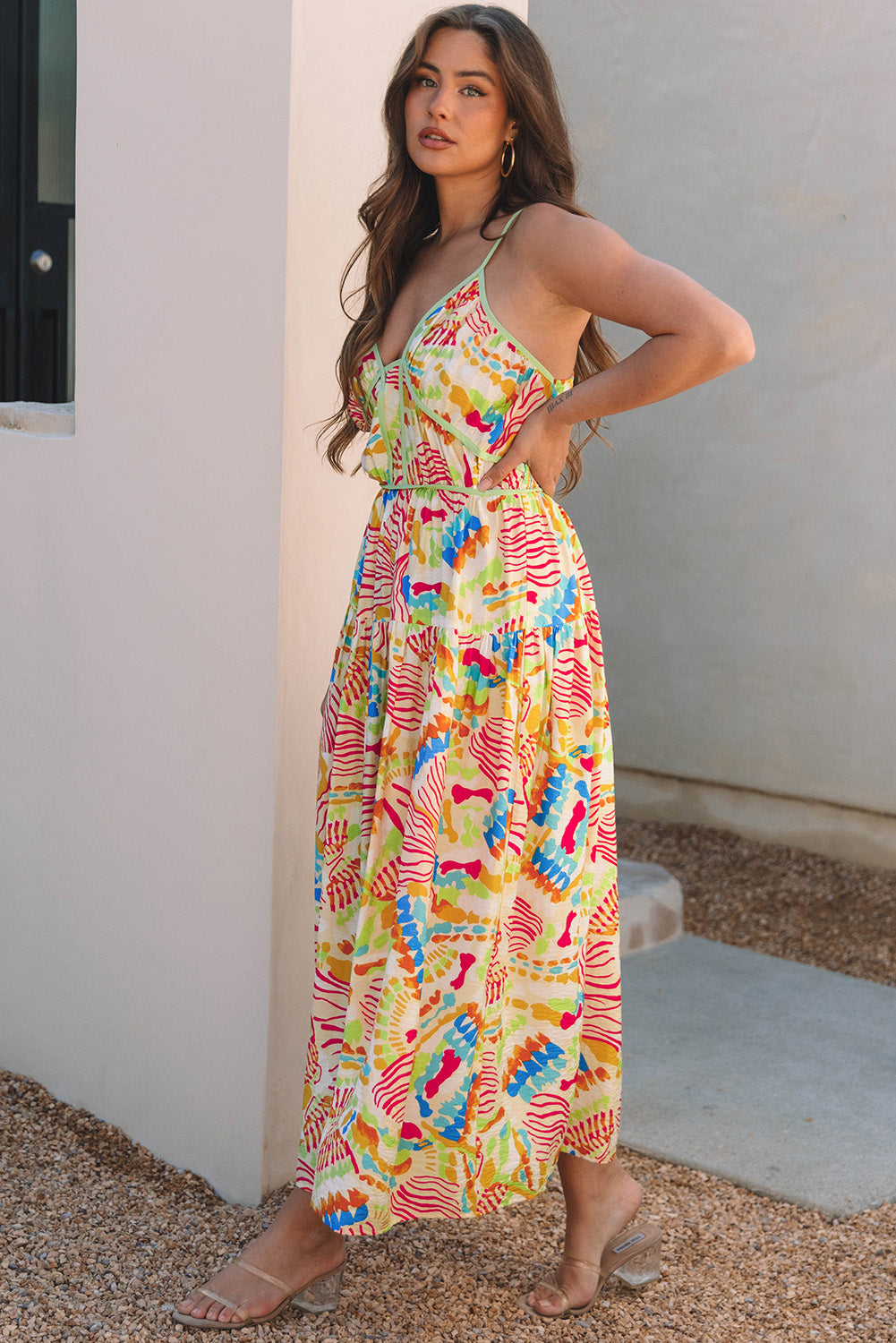 Orange Abstract Print Spaghetti Strap Piping Detail Maxi Dres-Dresses/Maxi Dresses-[Adult]-[Female]-2022 Online Blue Zone Planet