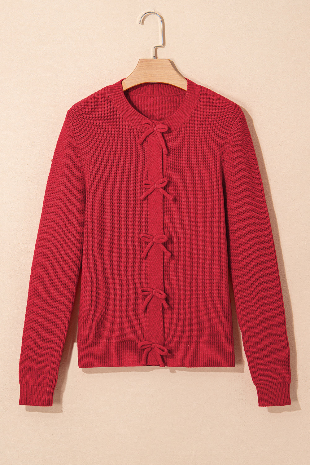 Fiery Red Ribbed Knit Bow Front Buttoned Cardigan-Sweaters & Cardigans/Cardigans-[Adult]-[Female]-2022 Online Blue Zone Planet