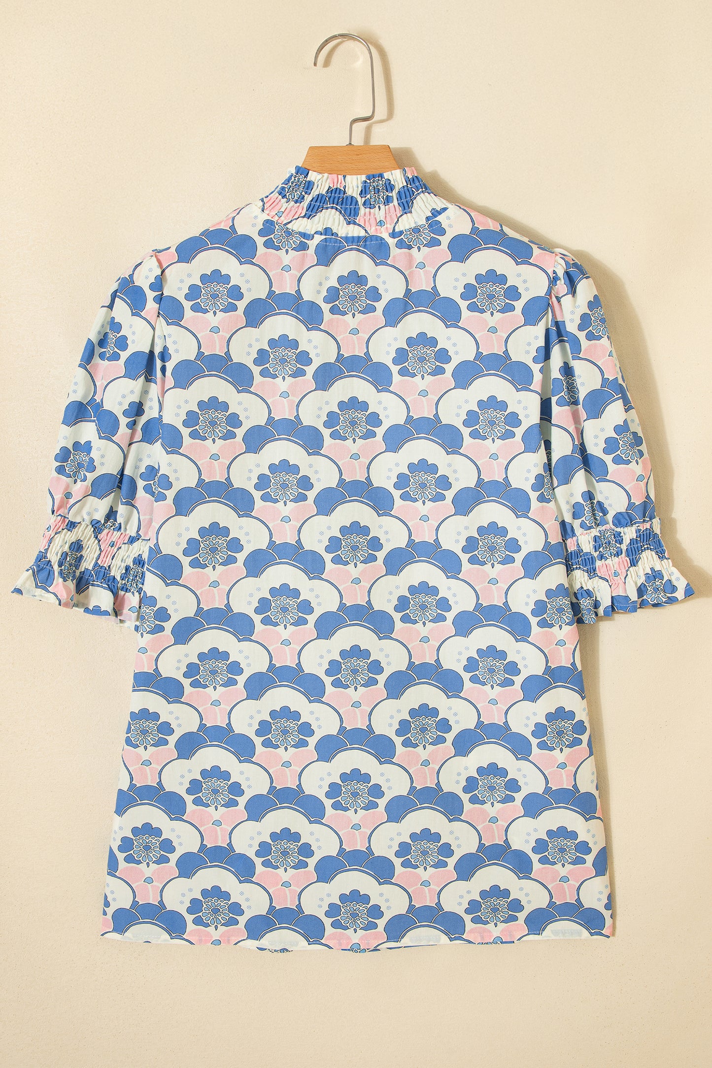 Sky Blue Floral Print Flounced Short Sleeve Contrast Trim V Neck Blouse-Tops/Blouses & Shirts-[Adult]-[Female]-2022 Online Blue Zone Planet