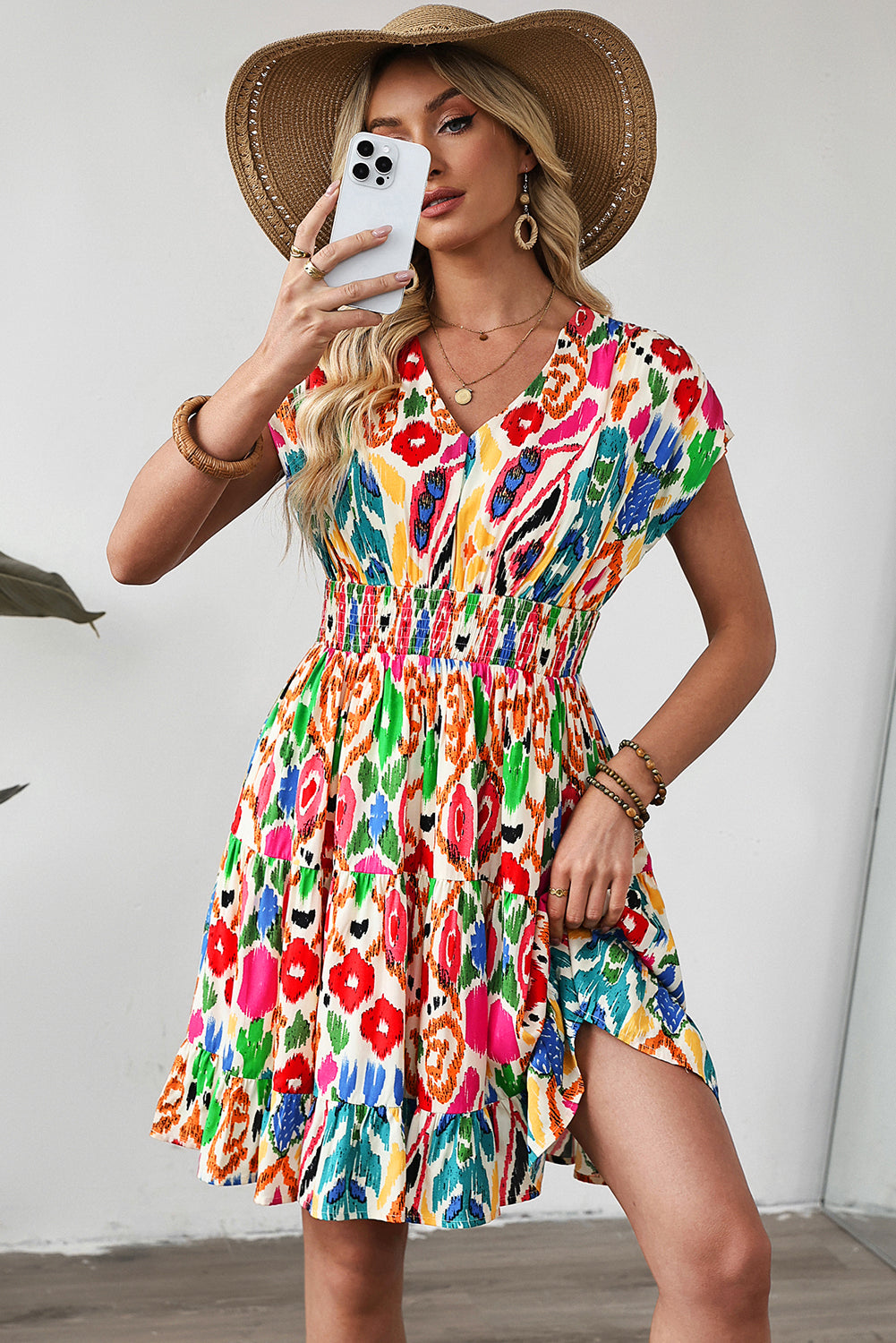 Sky Blue Abstract Print V Neck Dolman Sleeve Ruffle Tiered Mini Dress-TOPS / DRESSES-[Adult]-[Female]-2022 Online Blue Zone Planet