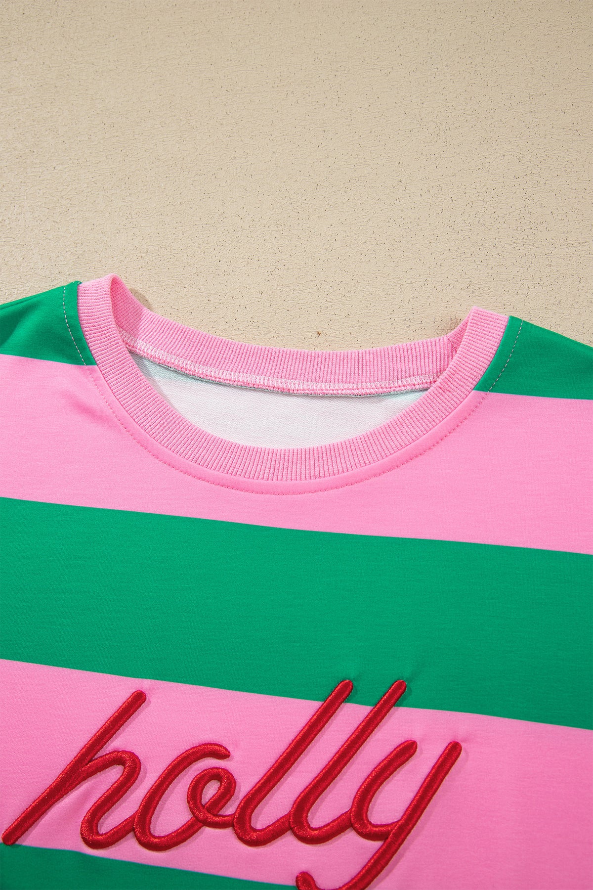 Green Stripe holly jolly Letter Embroidered Pullover Sweatshirt-Tops/Sweatshirts & Hoodies-[Adult]-[Female]-2022 Online Blue Zone Planet