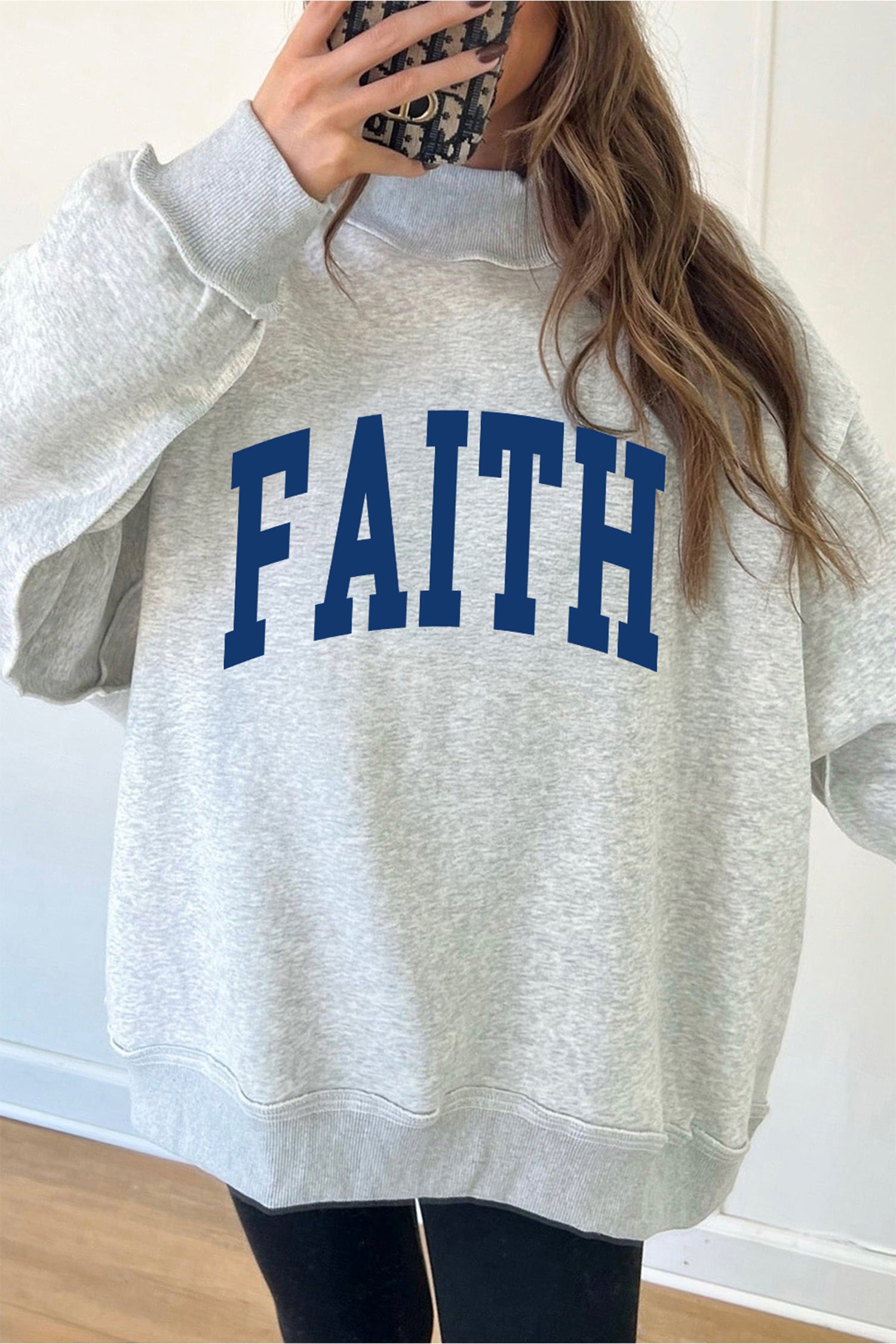 Light Grey FAITH/ JESUS Double Side Letter Print Casual High Neck Sweatshirt-Graphic/Graphic Sweatshirts-[Adult]-[Female]-2022 Online Blue Zone Planet