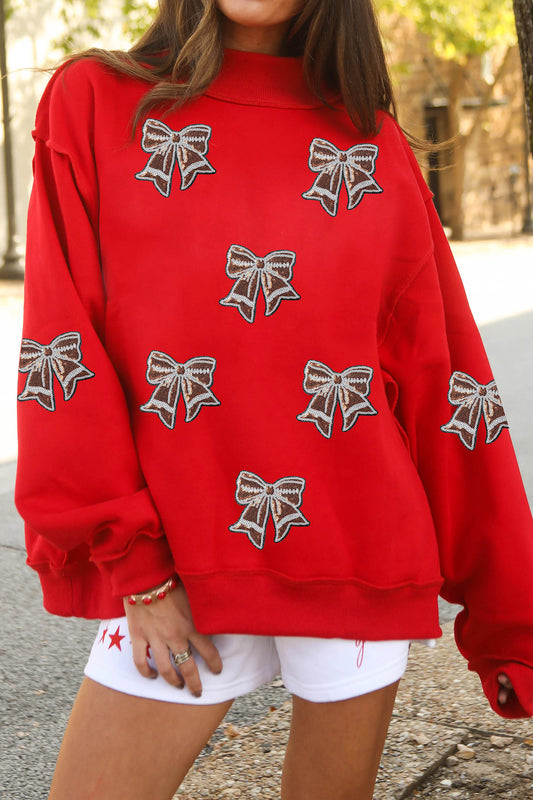 Racing Red Sequin Bowknot Mock Neck Game Day Casual Sweatshirt-Graphic/Graphic Sweatshirts-[Adult]-[Female]-Racing Red-S-2022 Online Blue Zone Planet