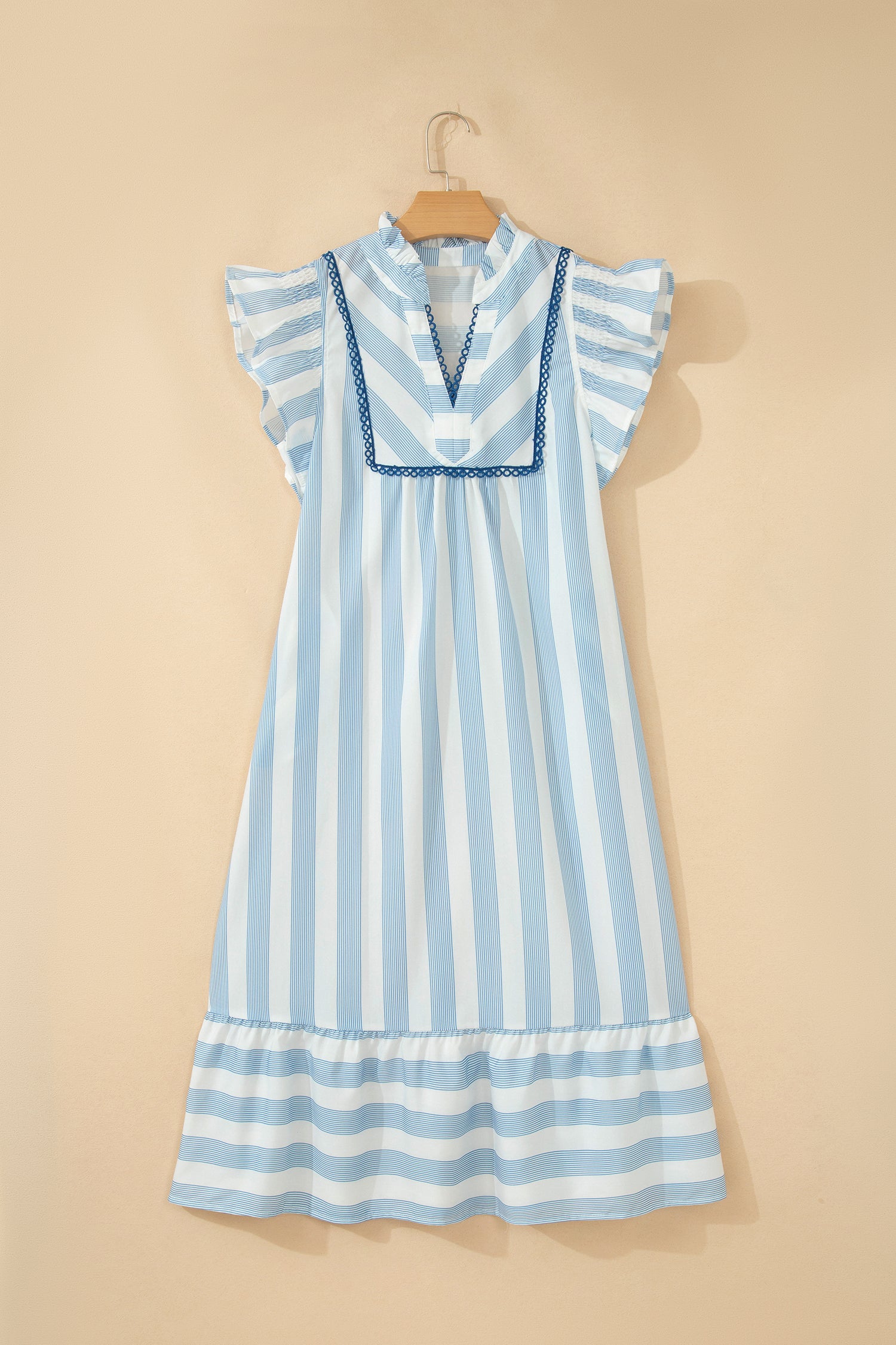 Sky Blue Stripe Subtle Lace Detail V Neck Ruffle Trim Casual Dress-TOPS / DRESSES-[Adult]-[Female]-2022 Online Blue Zone Planet