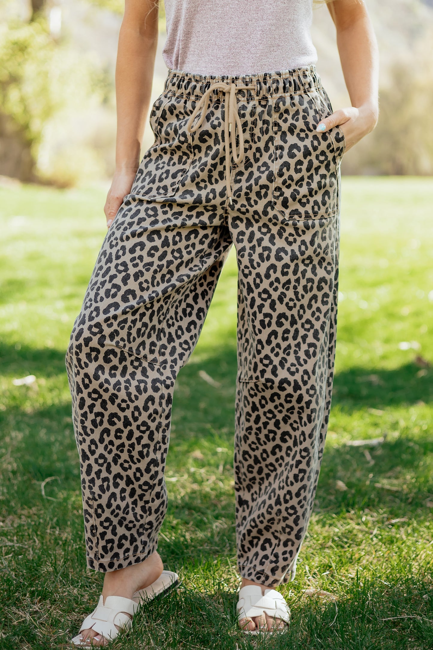Khaki Leopard Print Drawstring Elastic Waist Loose Denim Pants with Pockets-Bottoms/Jeans-[Adult]-[Female]-2022 Online Blue Zone Planet