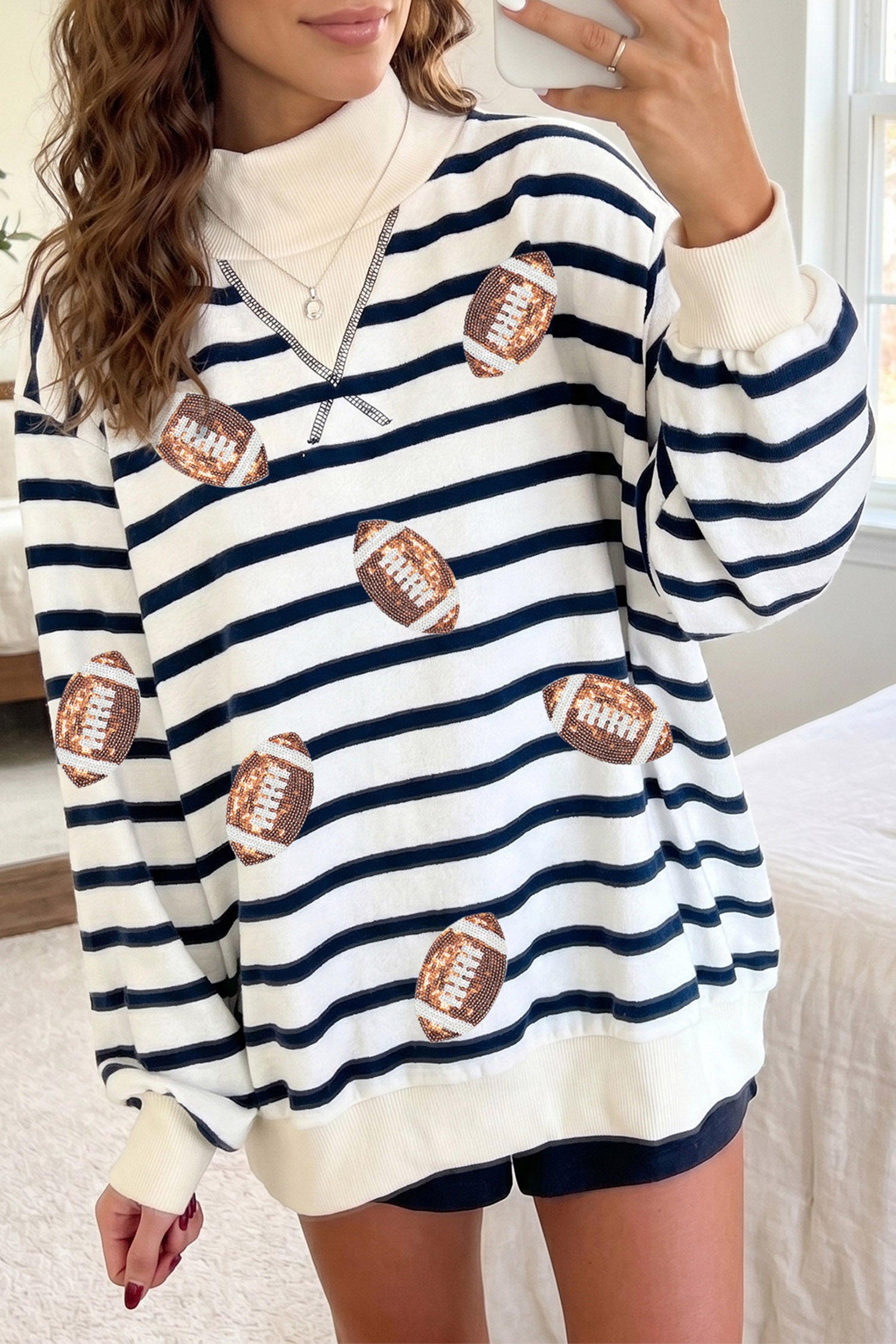 Blue Stripe Sequin Rugby Print Mock Neck Casual Sweatshirt-Graphic/Graphic Sweatshirts-[Adult]-[Female]-2022 Online Blue Zone Planet