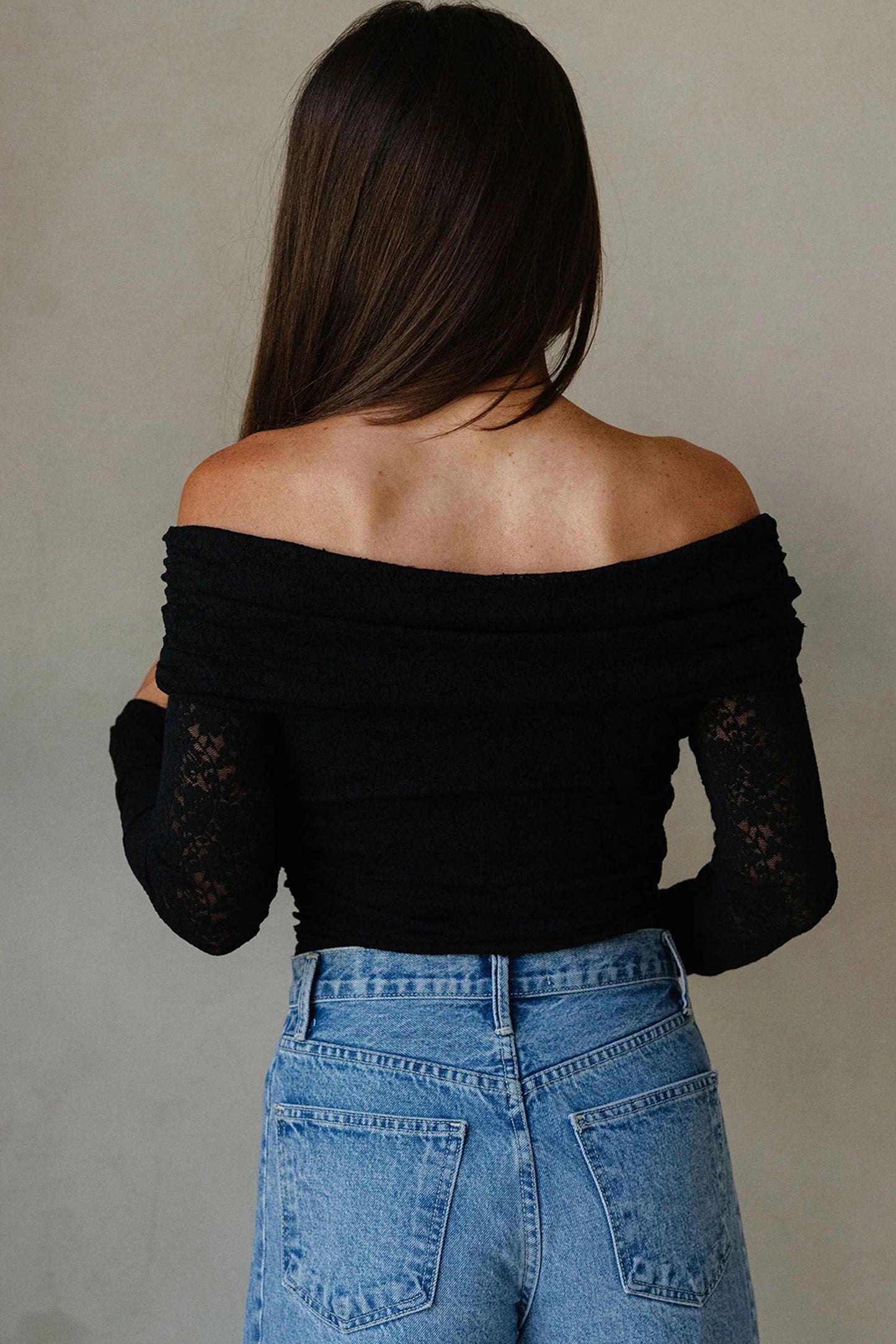 Black Floral Lace Off-shoulder Long Sleeve Slim Top-Tops/Long Sleeve Tops-[Adult]-[Female]-2022 Online Blue Zone Planet