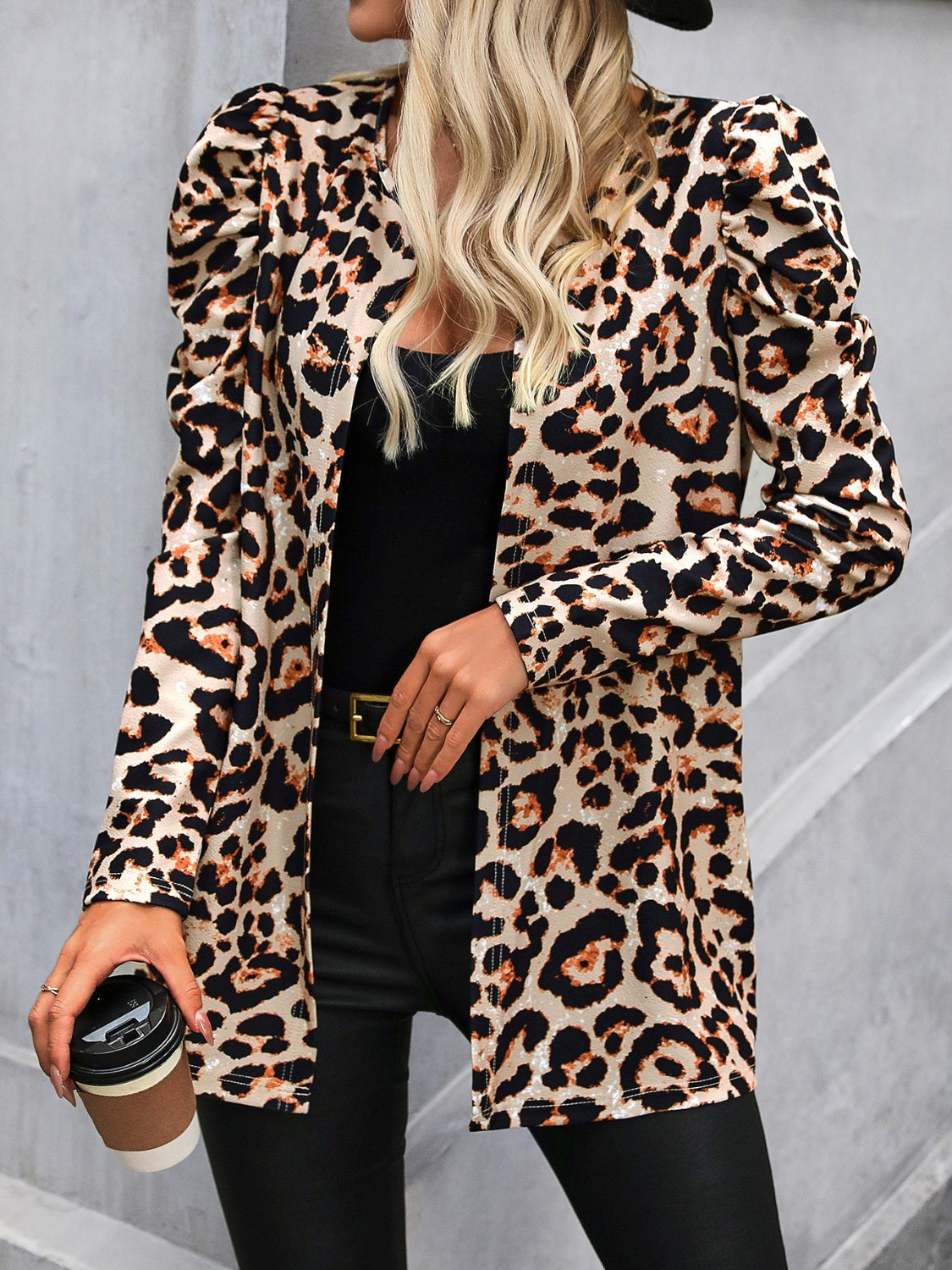 Leopard Open Front Puff Sleeve Jacket-TOPS / DRESSES-[Adult]-[Female]-2022 Online Blue Zone Planet