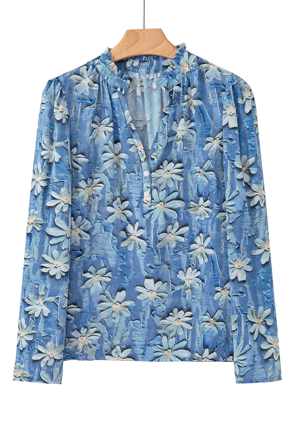 Sky Blue Fall Floral Half Placket Collared V Neck Blouse-Tops/Blouses & Shirts-[Adult]-[Female]-2022 Online Blue Zone Planet