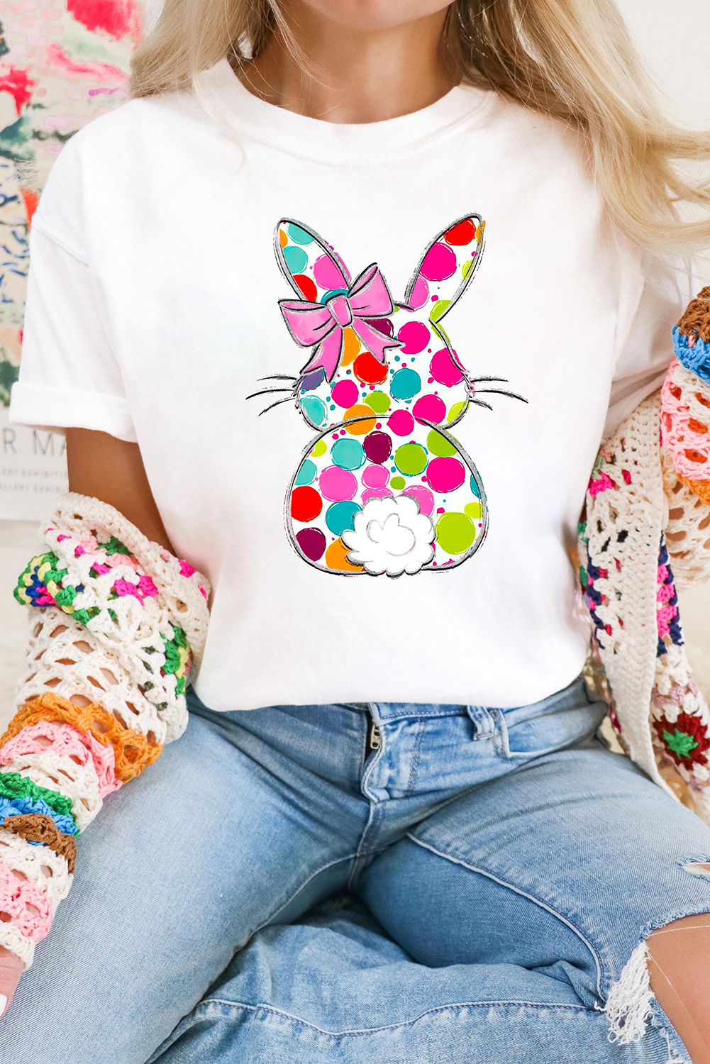 White Polka Dot Bow Rabbit Graphic Crewneck Easter Fashion Tee-Graphic/Graphic Tees-[Adult]-[Female]-White-S-2022 Online Blue Zone Planet