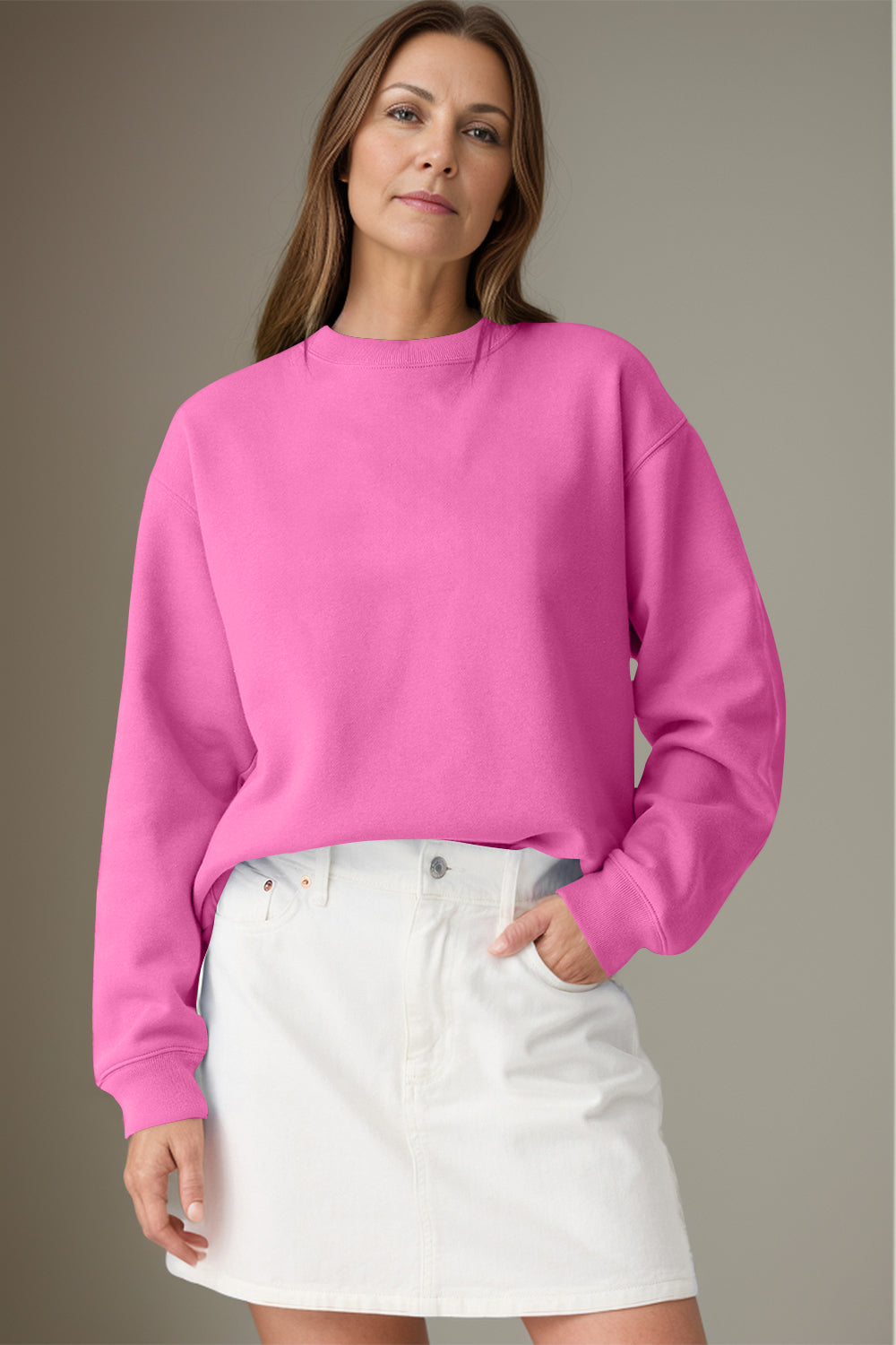 Blue Zone Planet | Round Neck Long Sleeve Sweatshirt-TOPS / DRESSES-[Adult]-[Female]-Hot Pink-S-2022 Online Blue Zone Planet