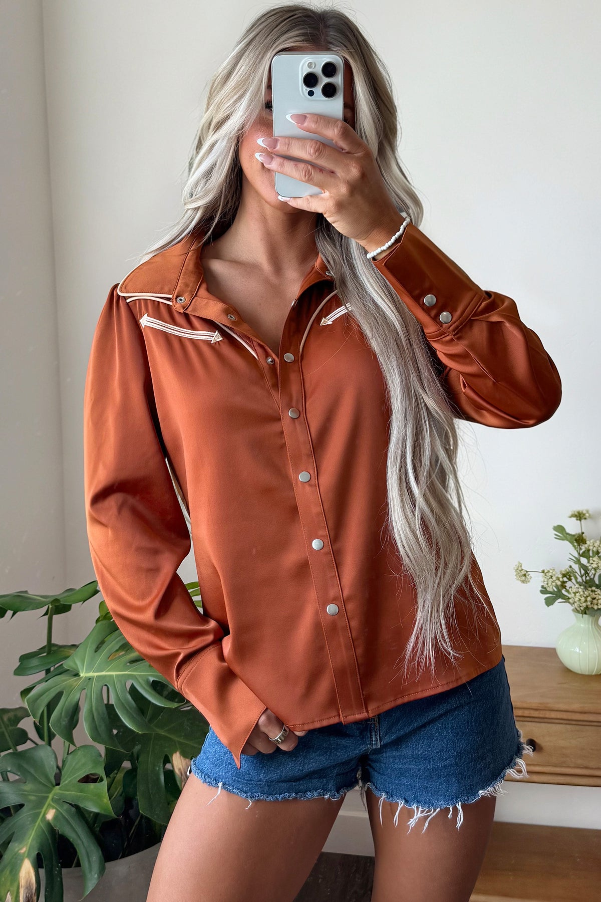 Cinnamon Silky Long Sleeve Button Front Western Fashion Shirt-Tops/Blouses & Shirts-[Adult]-[Female]-2022 Online Blue Zone Planet