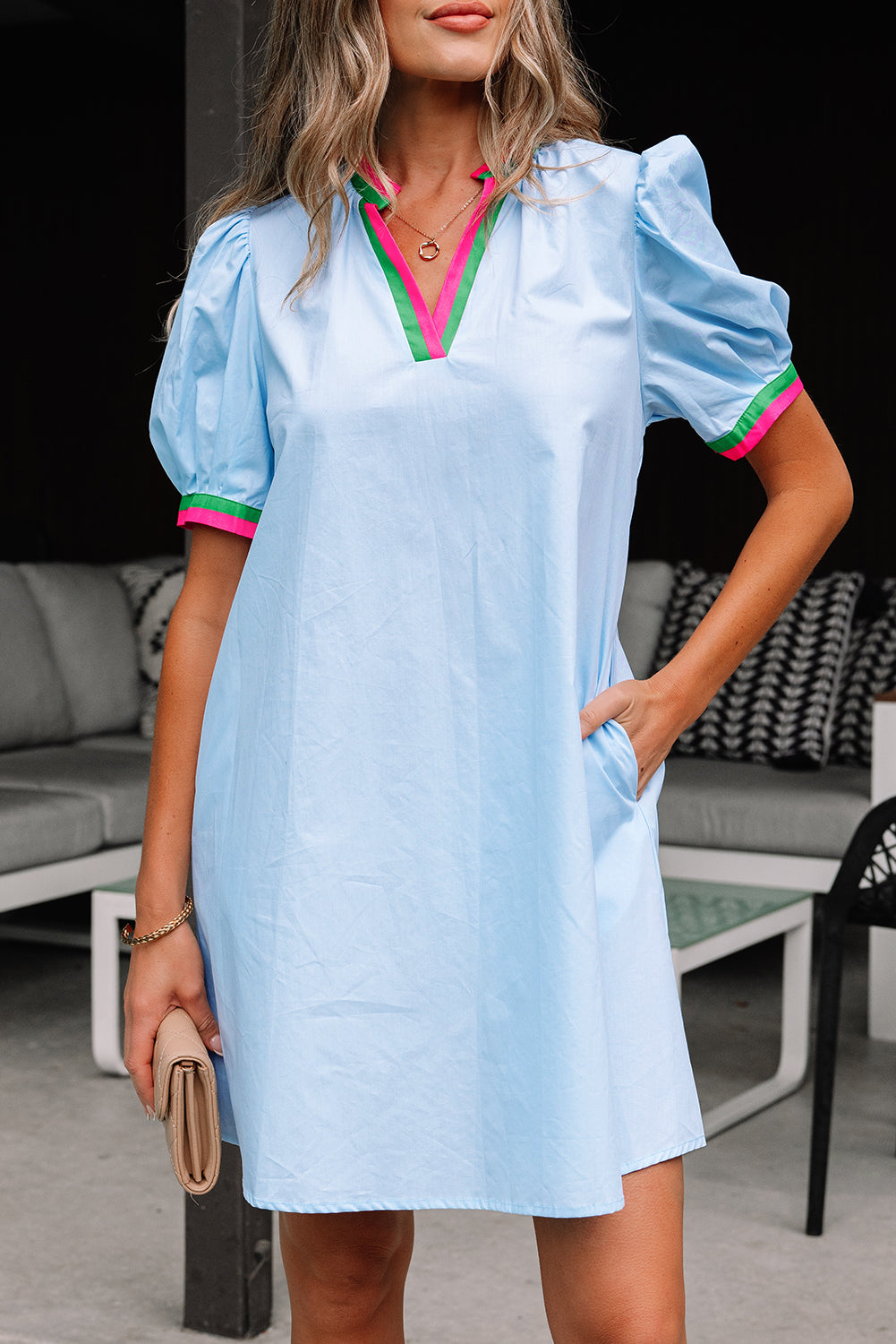 Myosotis Contrast Striped Notched V Neck Puff Sleeve Mini Dress-TOPS / DRESSES-[Adult]-[Female]-2022 Online Blue Zone Planet