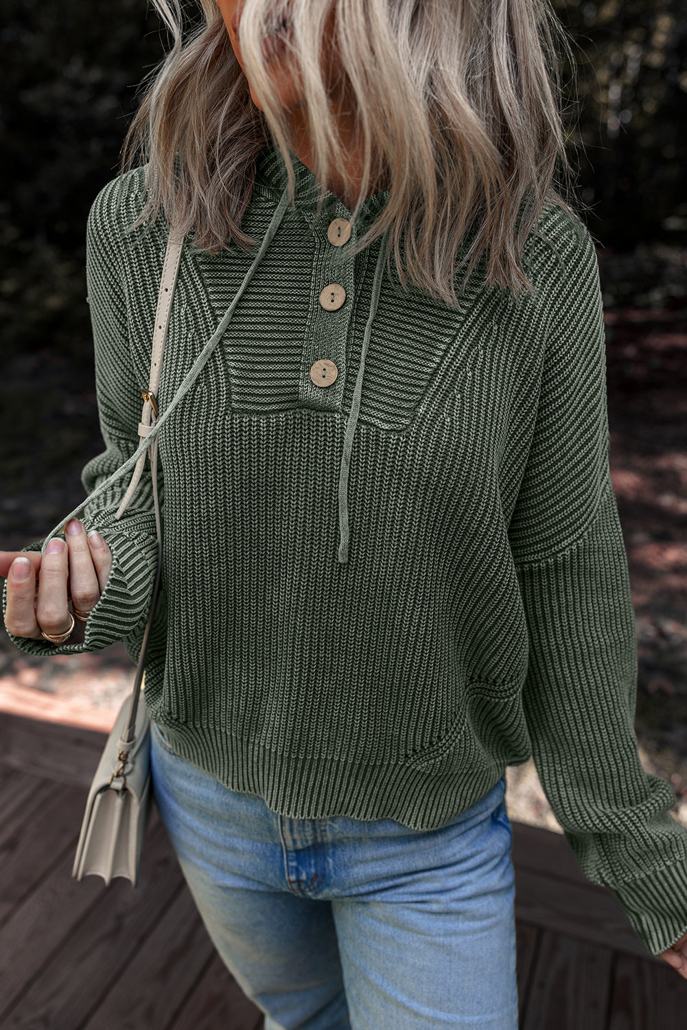 Mist Green Mineral Wash Ribbed Knit Button Drawstring Neck Hooded Sweater-Sweaters & Cardigans/Sweaters-[Adult]-[Female]-2022 Online Blue Zone Planet