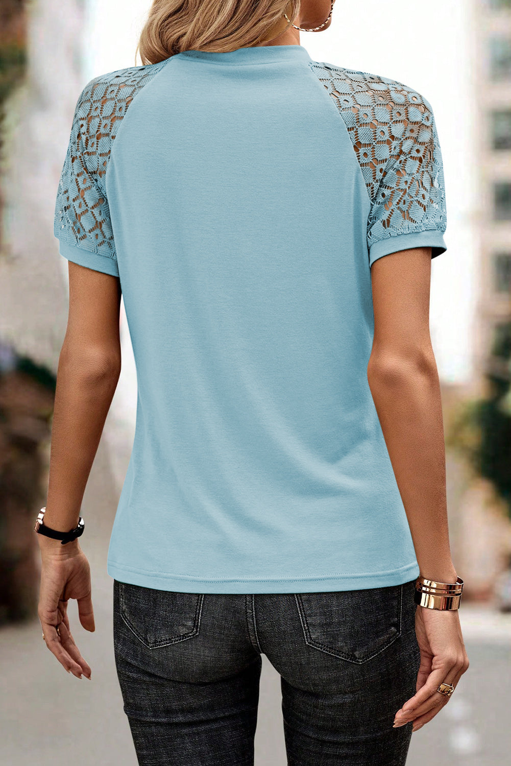 Mist Blue Seamed Detail Contrast Lace Raglan Sleeve Tee-Tops/Tops & Tees-[Adult]-[Female]-2022 Online Blue Zone Planet