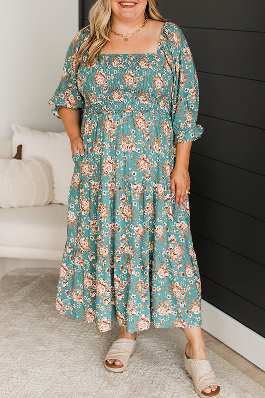 Green Plus Size Floral Print Square Neck Smocked Maxi Dress-Plus Size/Plus Size Dresses/Plus Size Maxi Dresses-[Adult]-[Female]-Green-1X-2022 Online Blue Zone Planet