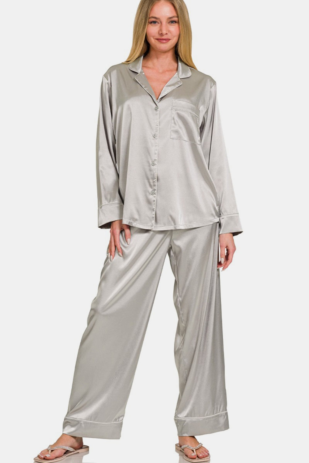 Zenana Satin Long Sleeve Shirt and Pants Pajama Set-TOPS / DRESSES-[Adult]-[Female]-Silver-S-2022 Online Blue Zone Planet