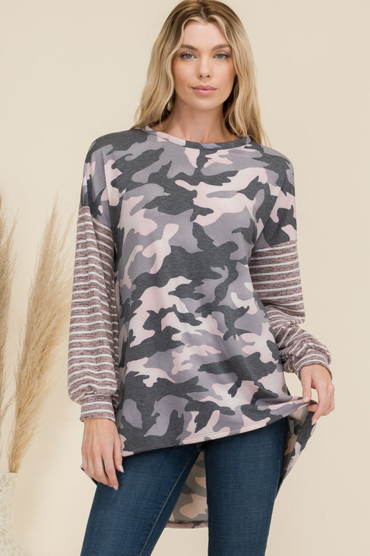 Celeste Full Size Camo Print High-Low T-Shirt with Stripe Sleeves-TOPS / DRESSES-[Adult]-[Female]-Pink Camo-S-2022 Online Blue Zone Planet